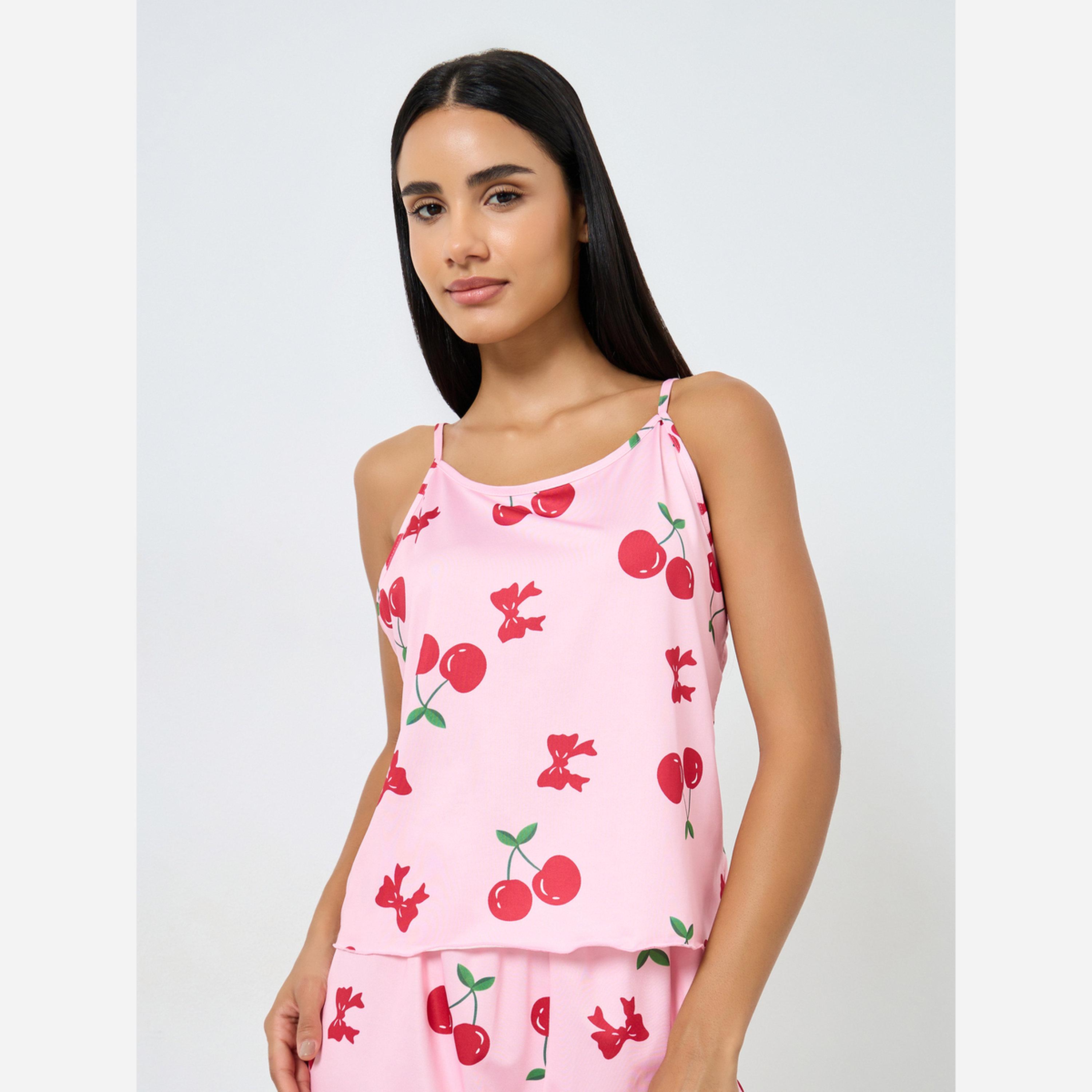 ستايلي - طقم كامي طبعة الكرز وشورت بحافة مكشكشة-women-clothing-nightwear-pyjamas-shortsets-image-2