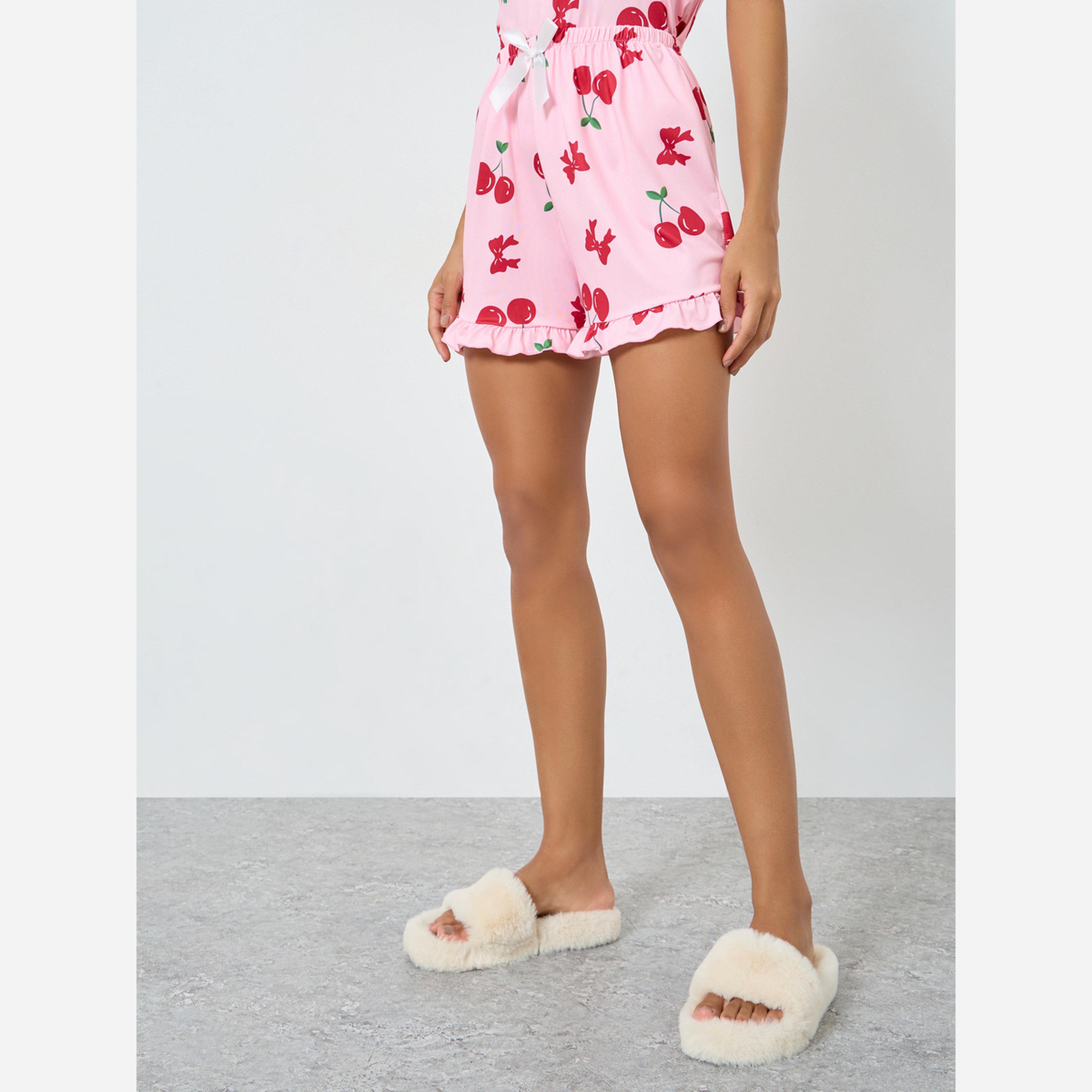 ستايلي - طقم كامي طبعة الكرز وشورت بحافة مكشكشة-women-clothing-nightwear-pyjamas-shortsets-image-4