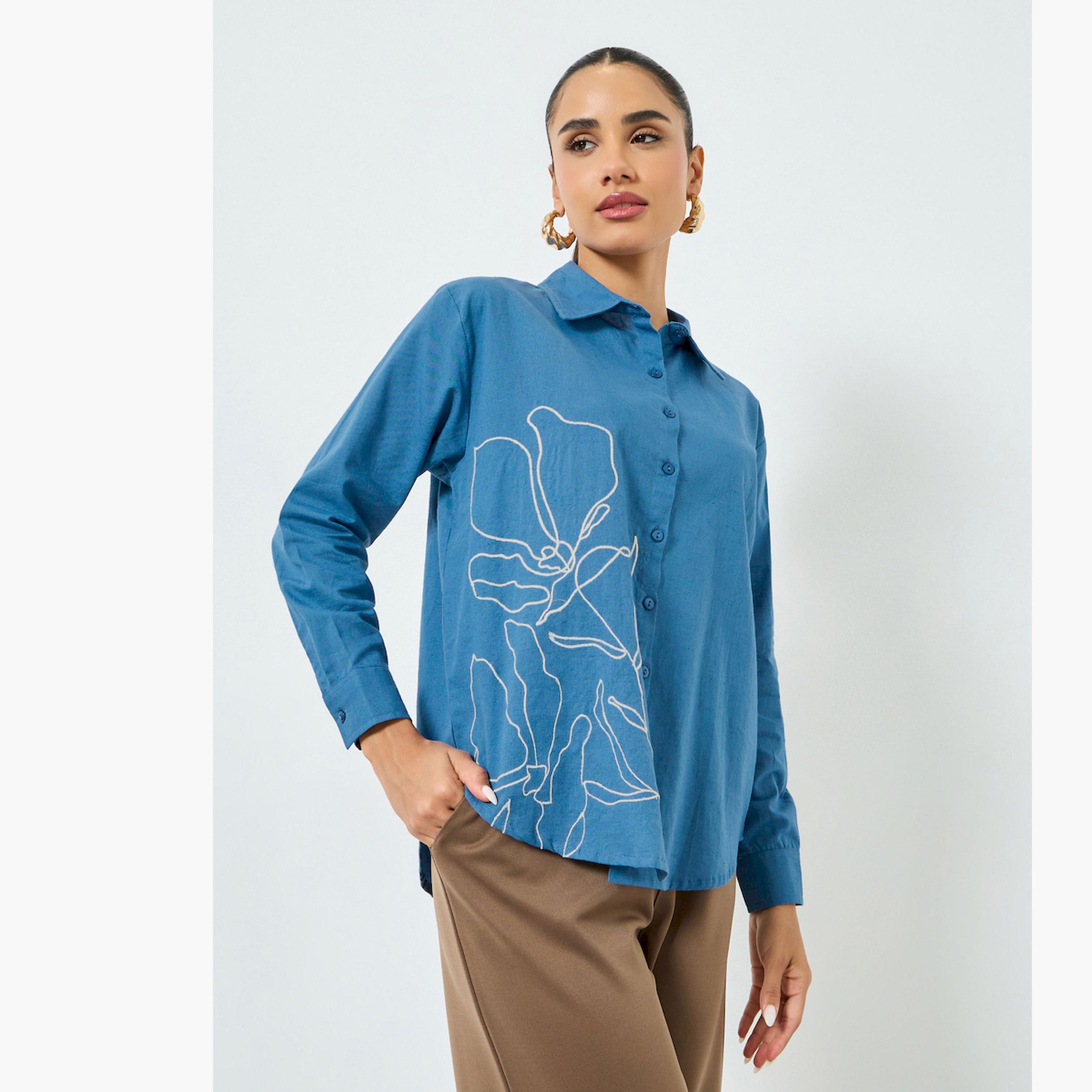 Styli Blue Embroidered Oversized Shirt-women-clothing-shirtsandblouses-shirts-image-1