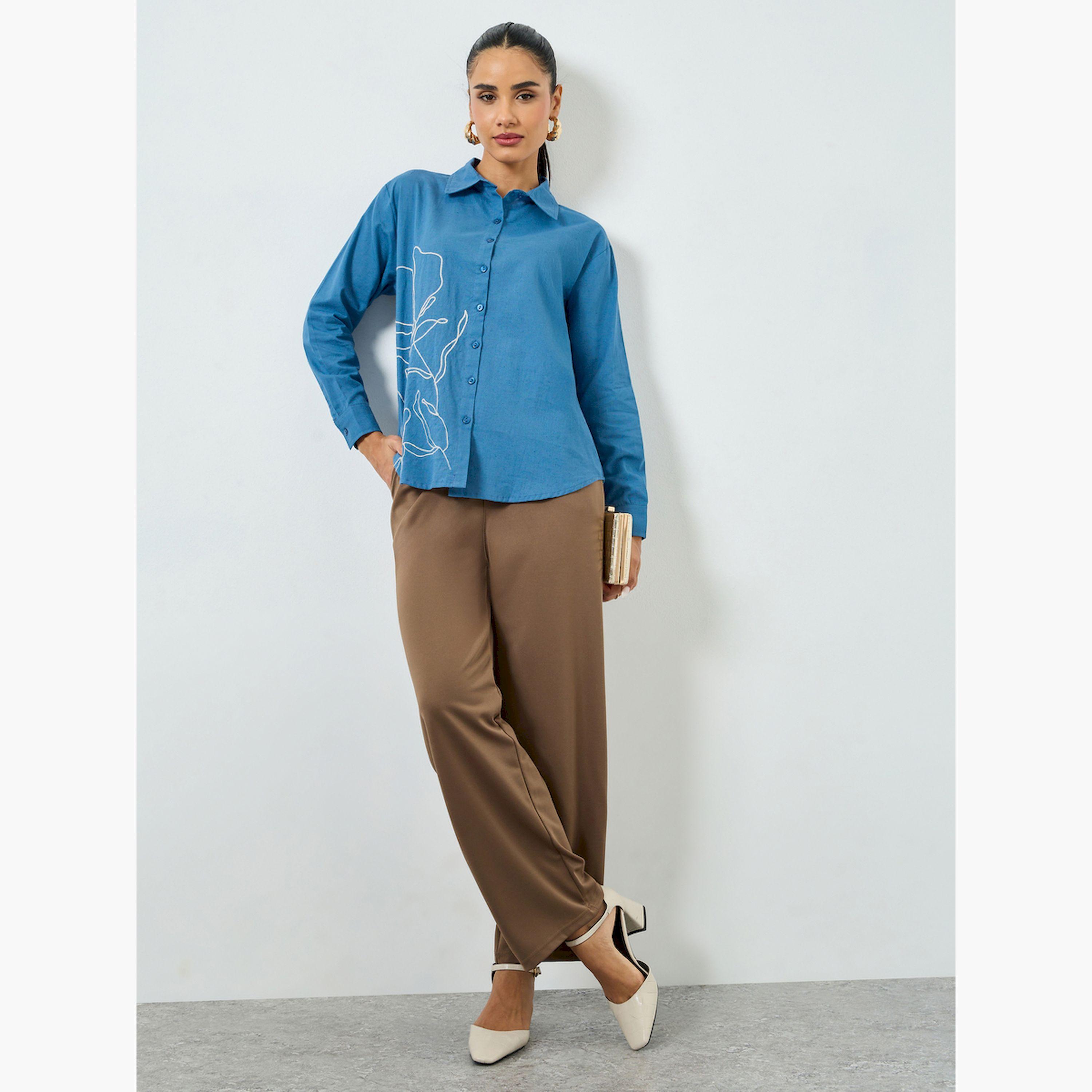 Styli Blue Embroidered Oversized Shirt-women-clothing-shirtsandblouses-shirts-image-2
