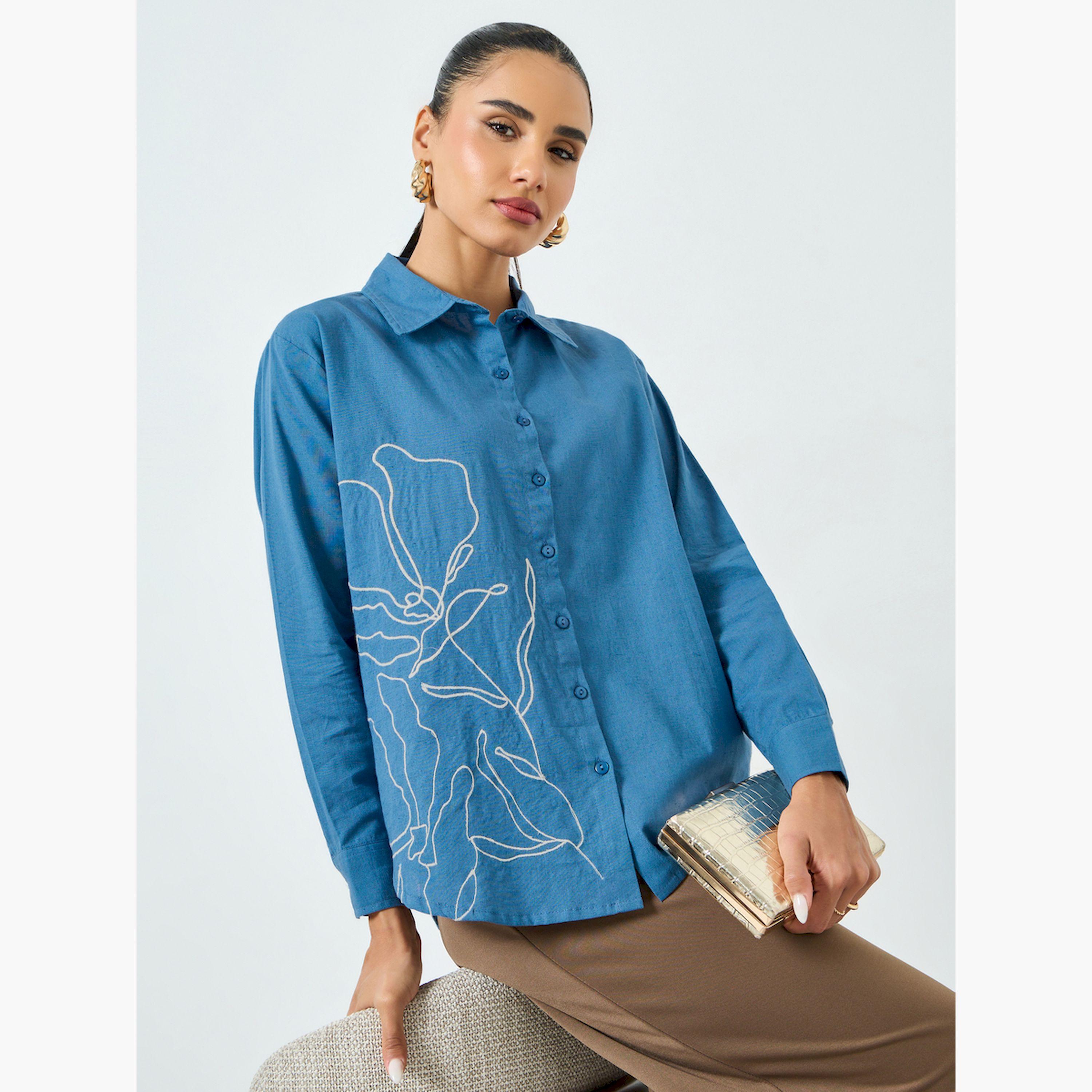 Styli Blue Embroidered Oversized Shirt-women-clothing-shirtsandblouses-shirts-image-3