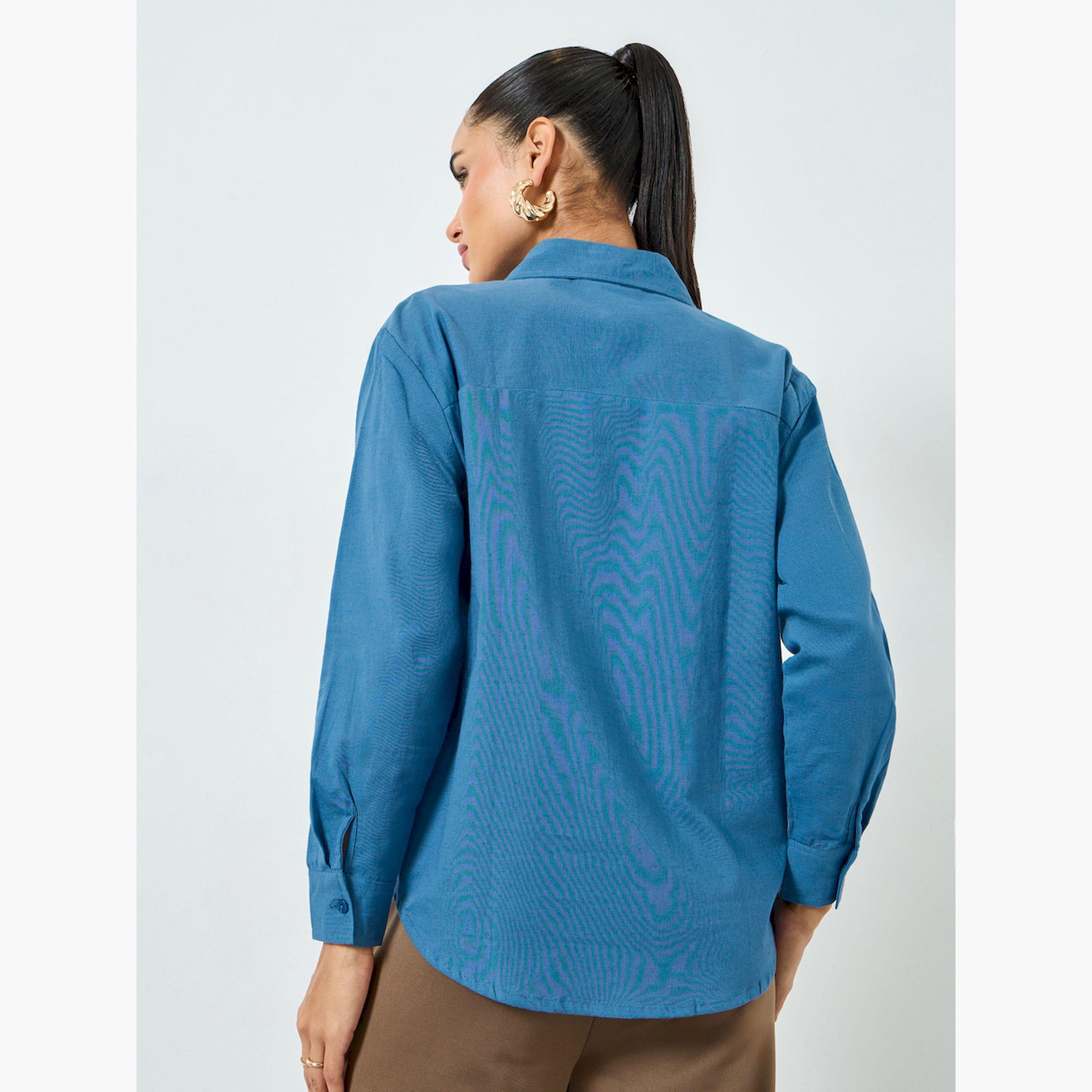 Styli Blue Embroidered Oversized Shirt-women-clothing-shirtsandblouses-shirts-image-4