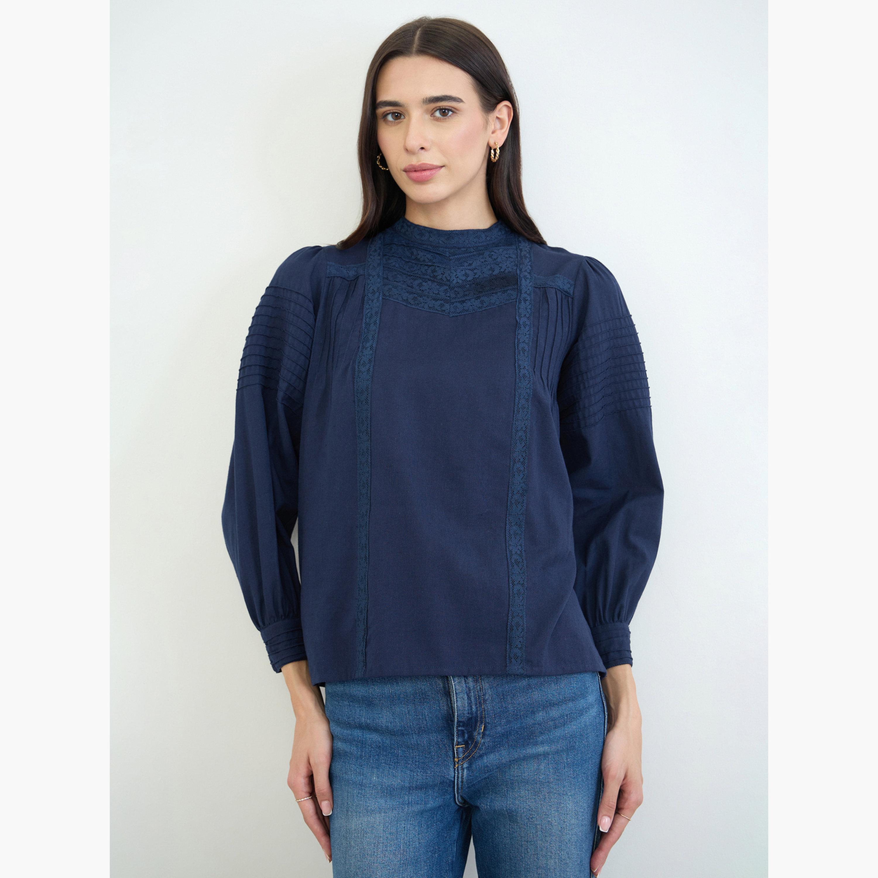 Styli Navy Blue Lace Detail Cotton Blouse-women-clothing-shirtsandblouses-blouses-image-1