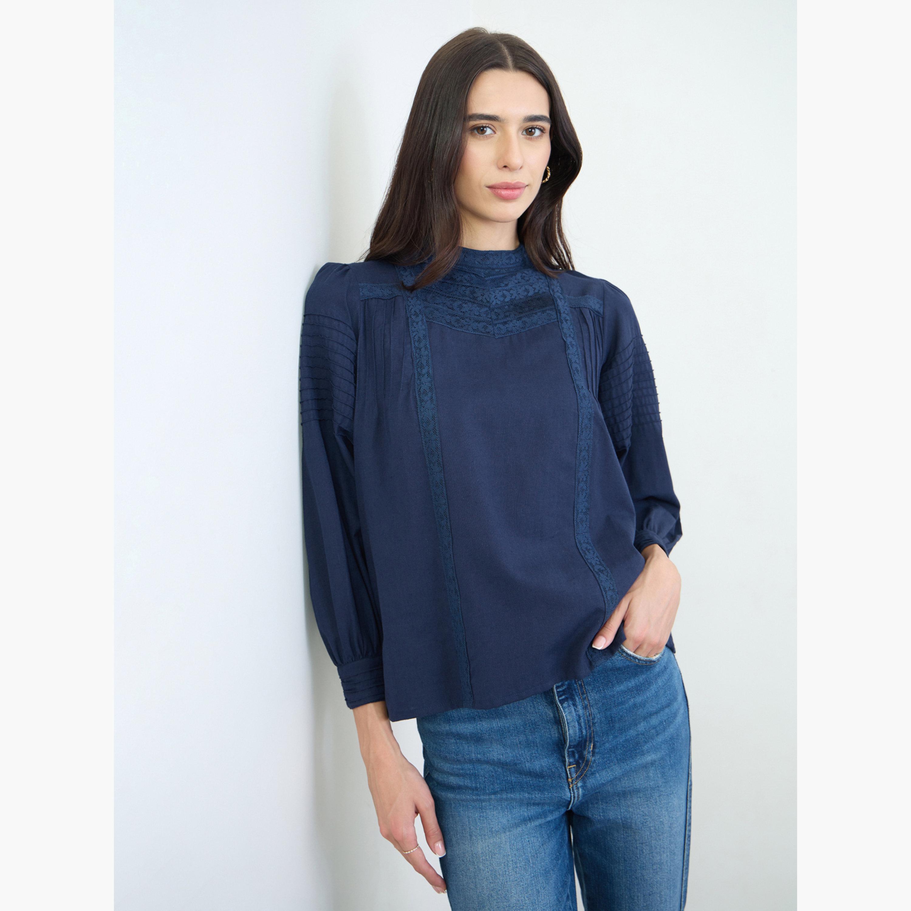 Styli Navy Blue Lace Detail Cotton Blouse-women-clothing-shirtsandblouses-blouses-image-3