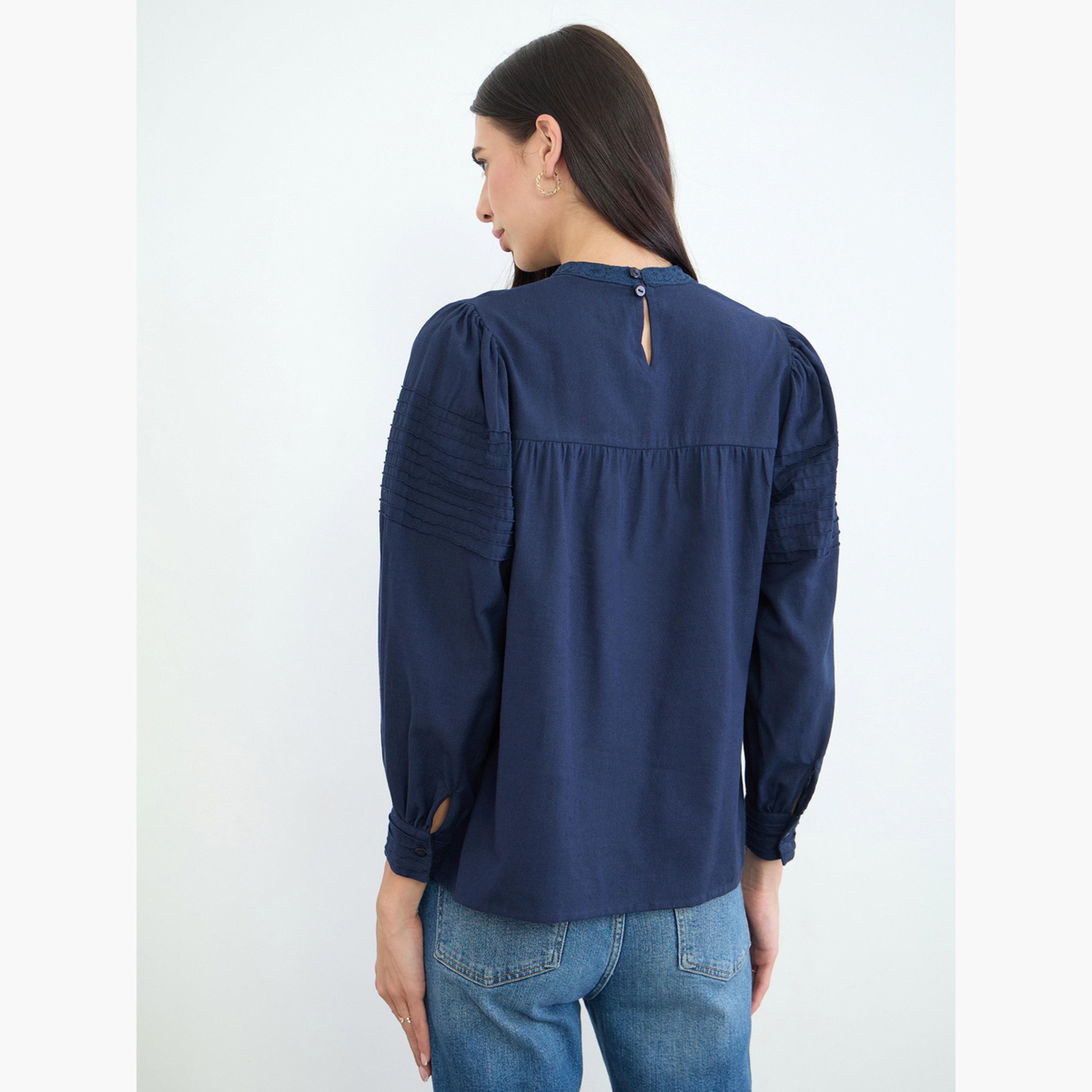 Styli Navy Blue Lace Detail Cotton Blouse-women-clothing-shirtsandblouses-blouses-image-4