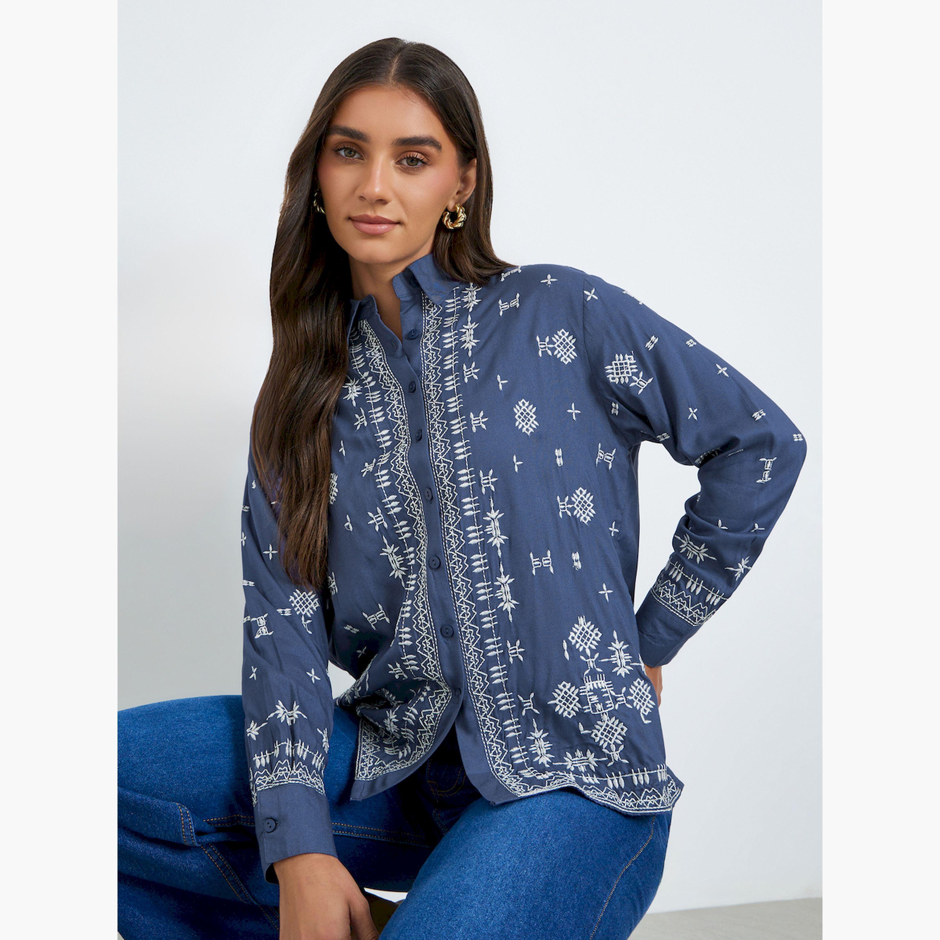 Styli Women Blue Embroidered Oversized Shirt-women-clothing-shirtsandblouses-shirts-image-3