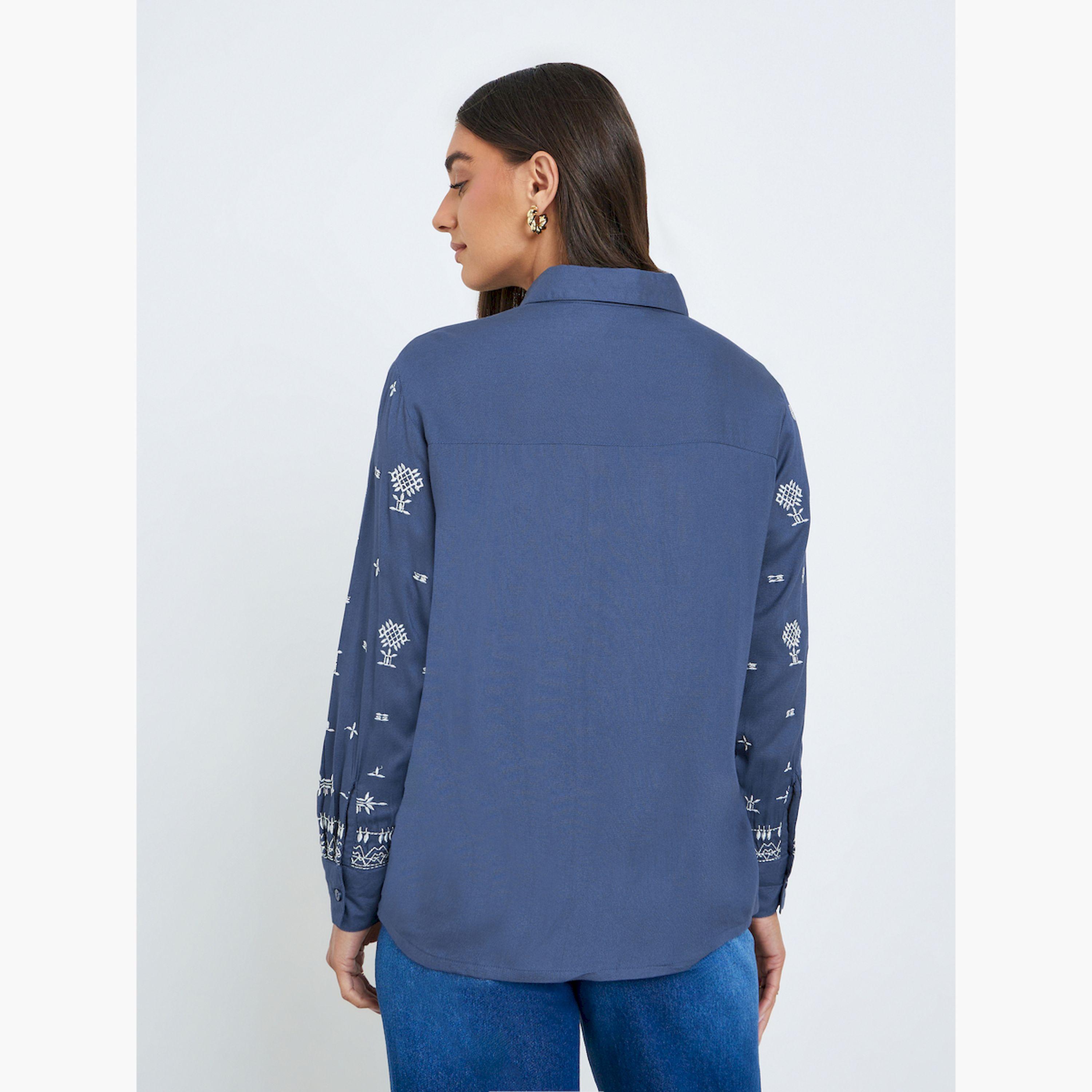 Styli Women Blue Embroidered Oversized Shirt-women-clothing-shirtsandblouses-shirts-image-4