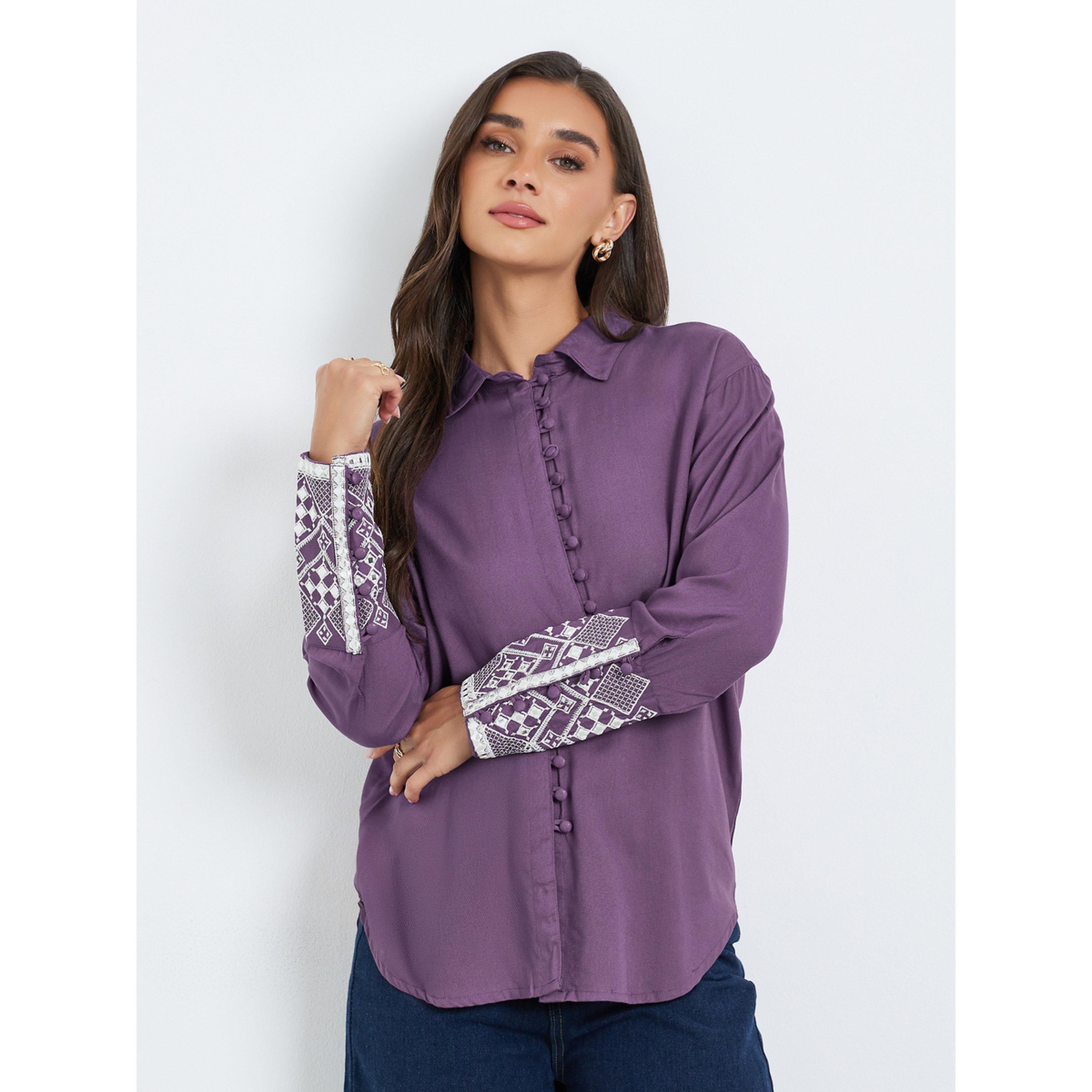 Styli Women Purple Embroidered Cuff Long Sleeve Shirt-women-clothing-shirtsandblouses-shirts-image-1