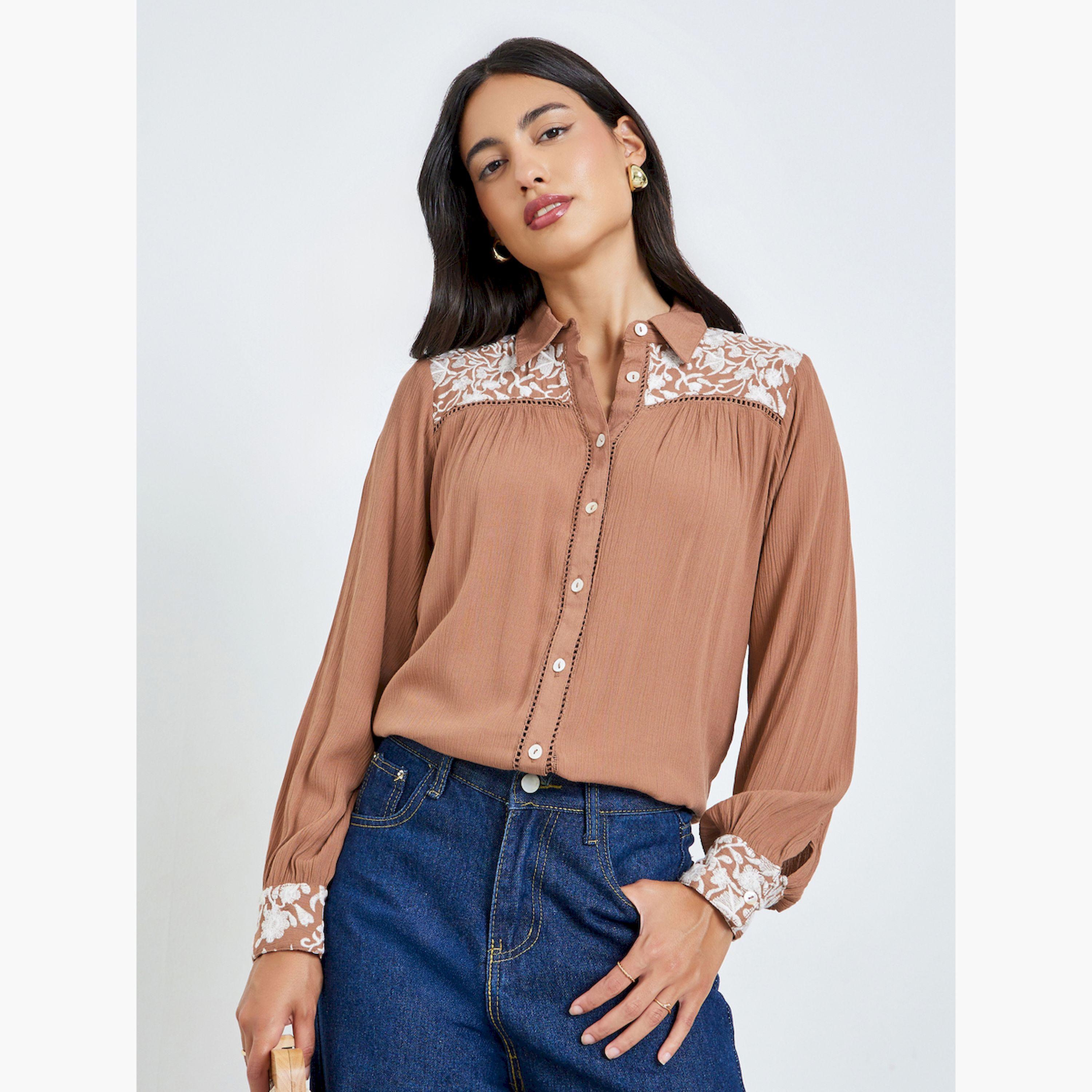 Styli Brown Front Embroidered Relaxed Fit Shirt-women-clothing-shirtsandblouses-shirts-image-1