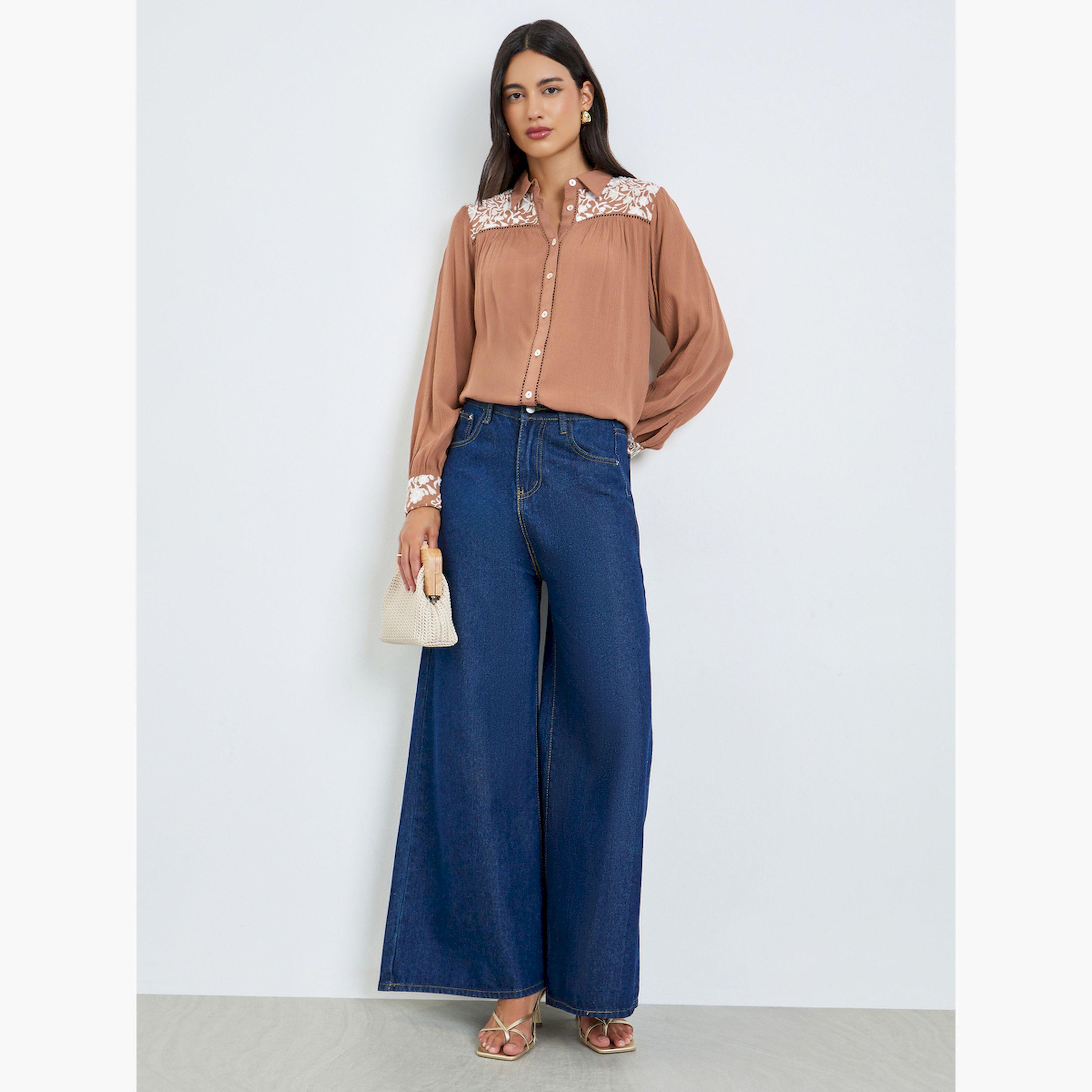 Styli Brown Front Embroidered Relaxed Fit Shirt-women-clothing-shirtsandblouses-shirts-image-2