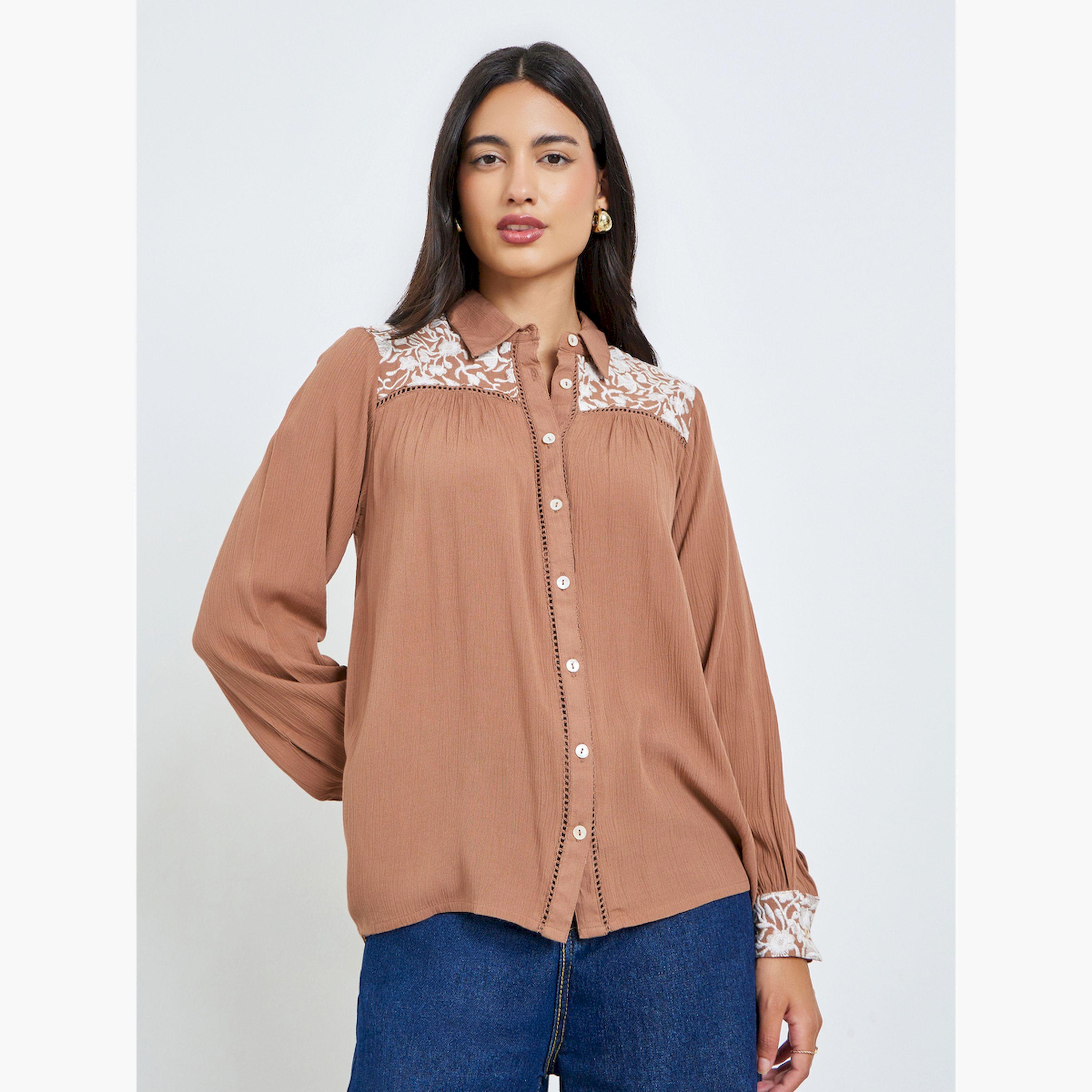 Styli Brown Front Embroidered Relaxed Fit Shirt-women-clothing-shirtsandblouses-shirts-image-3