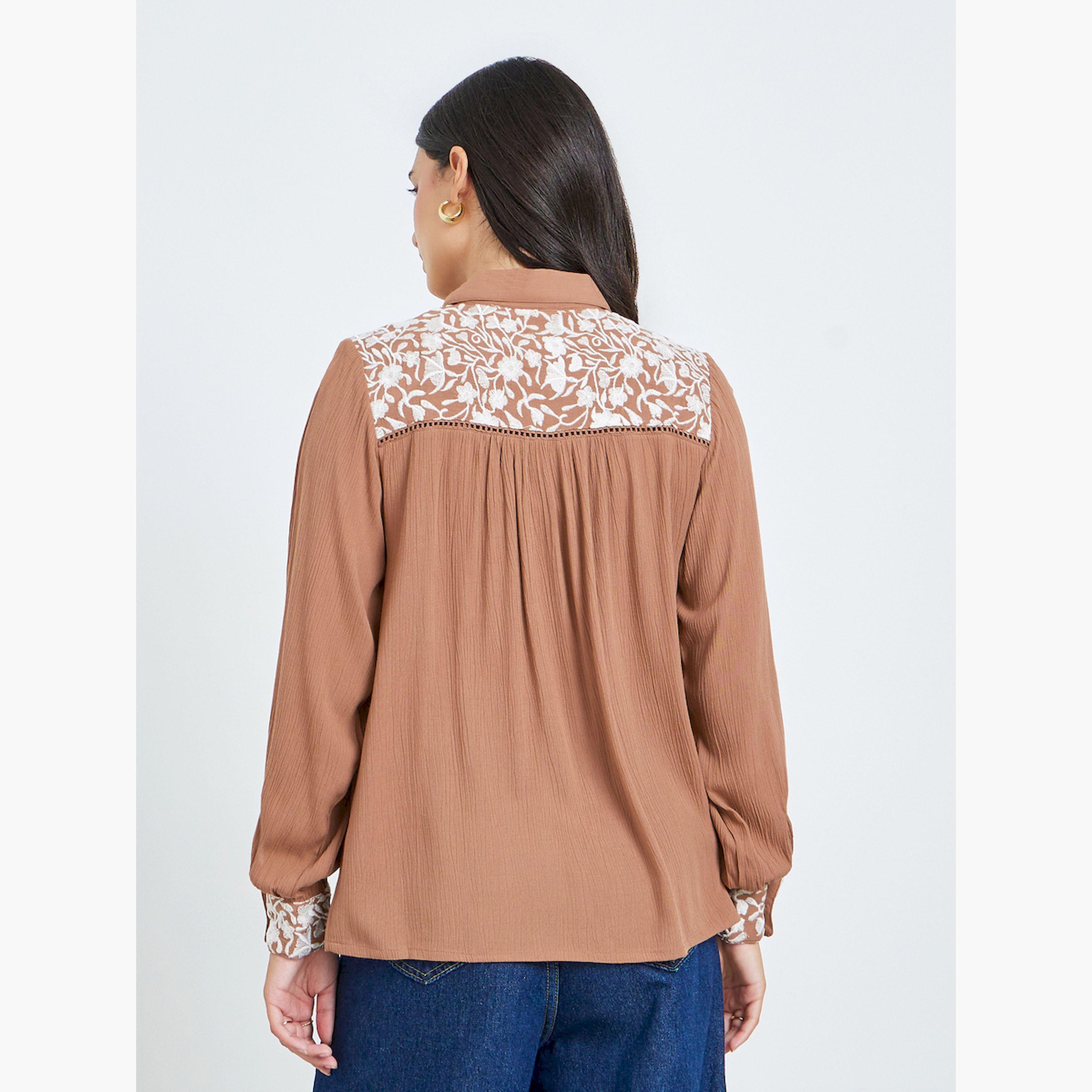 Styli Brown Front Embroidered Relaxed Fit Shirt-women-clothing-shirtsandblouses-shirts-image-4