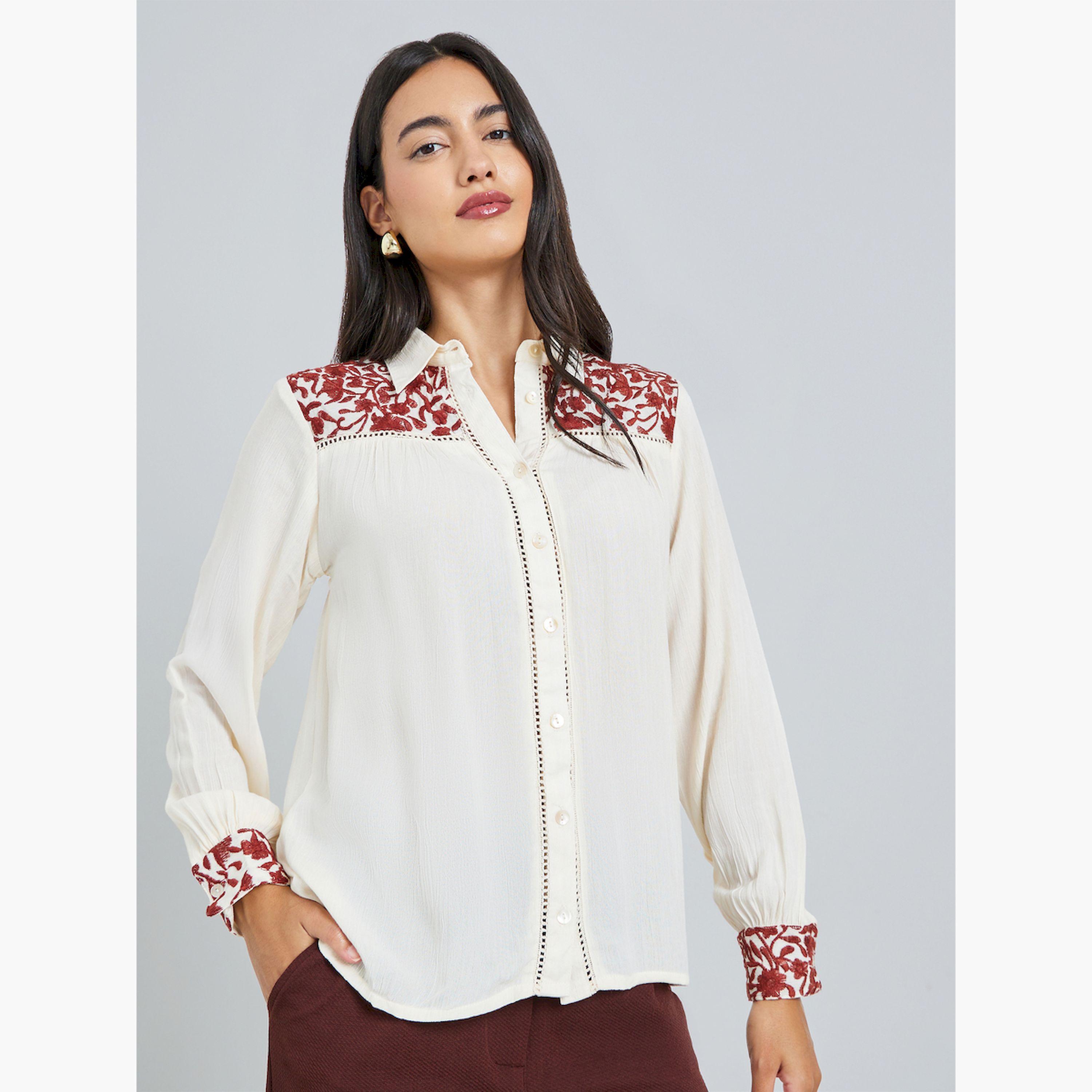 Styli Off-White Embroidered Relaxed Fit Shirt-women-clothing-shirtsandblouses-shirts-image-1