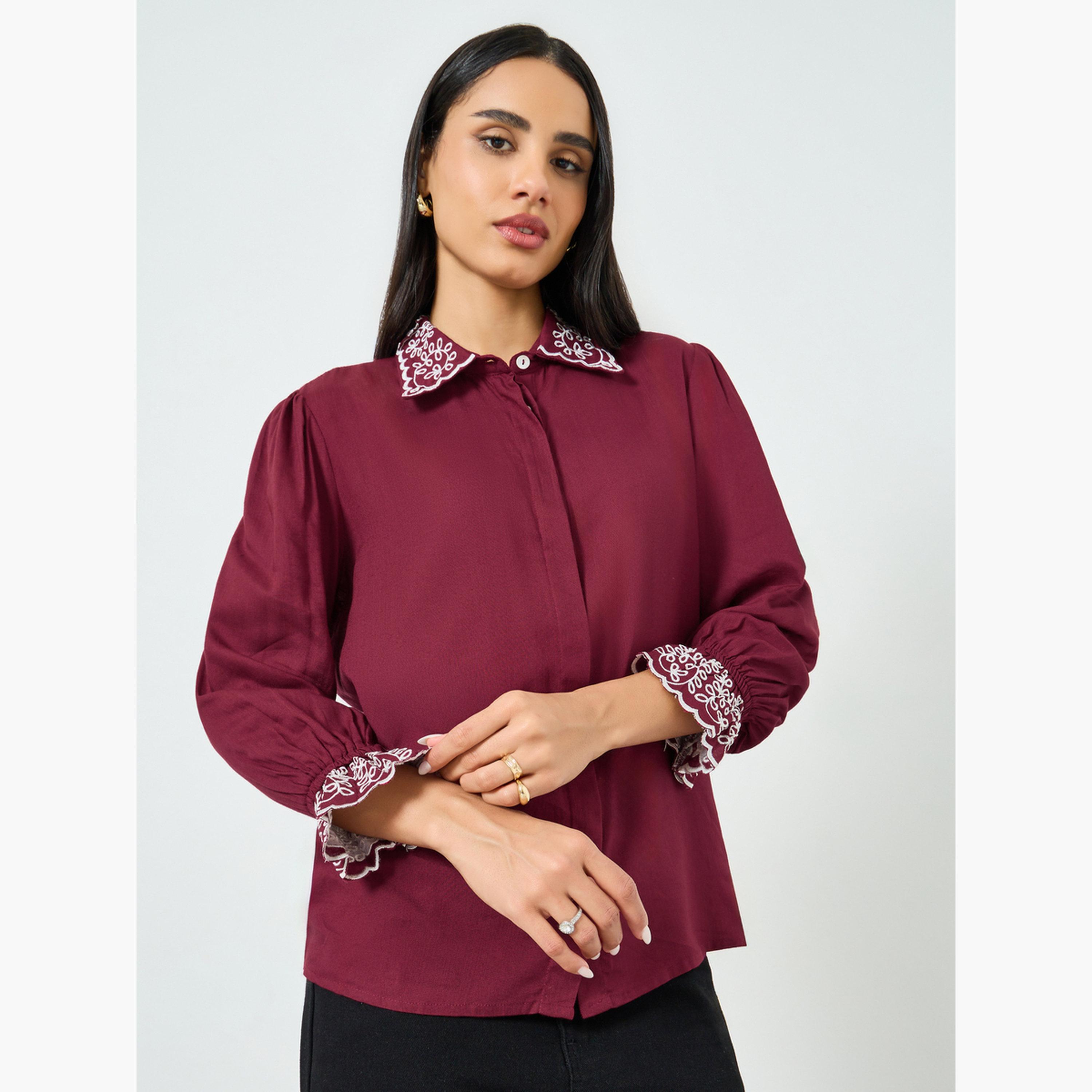 Styli Burgundy Embroidered Collar Shirt-women-clothing-shirtsandblouses-shirts-image-1