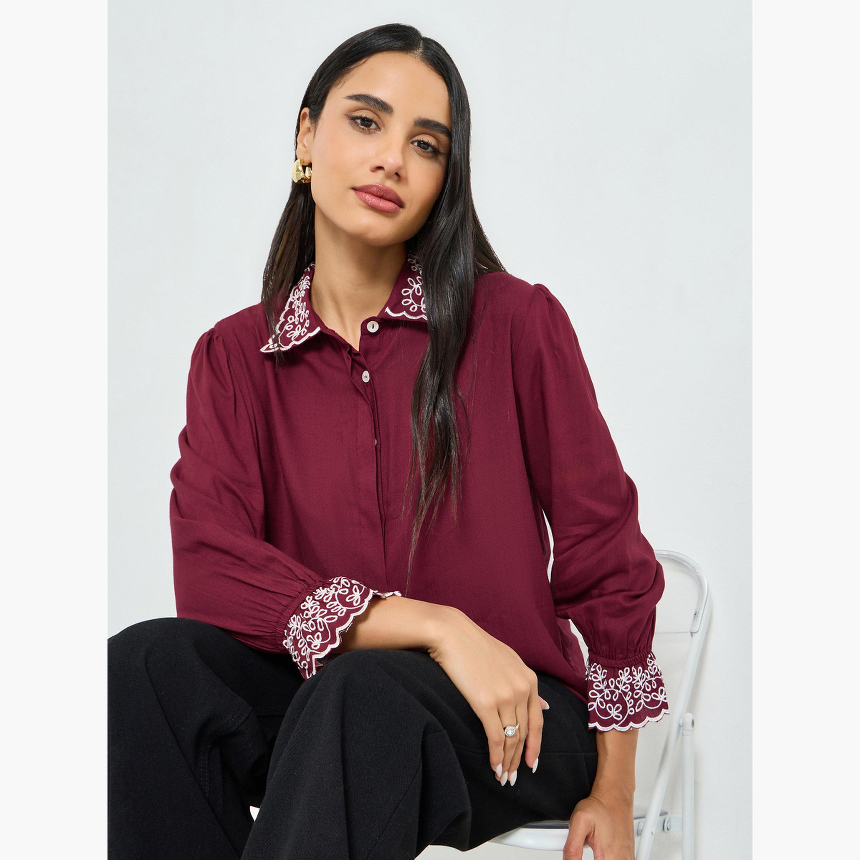 Styli Burgundy Embroidered Collar Shirt-women-clothing-shirtsandblouses-shirts-image-3