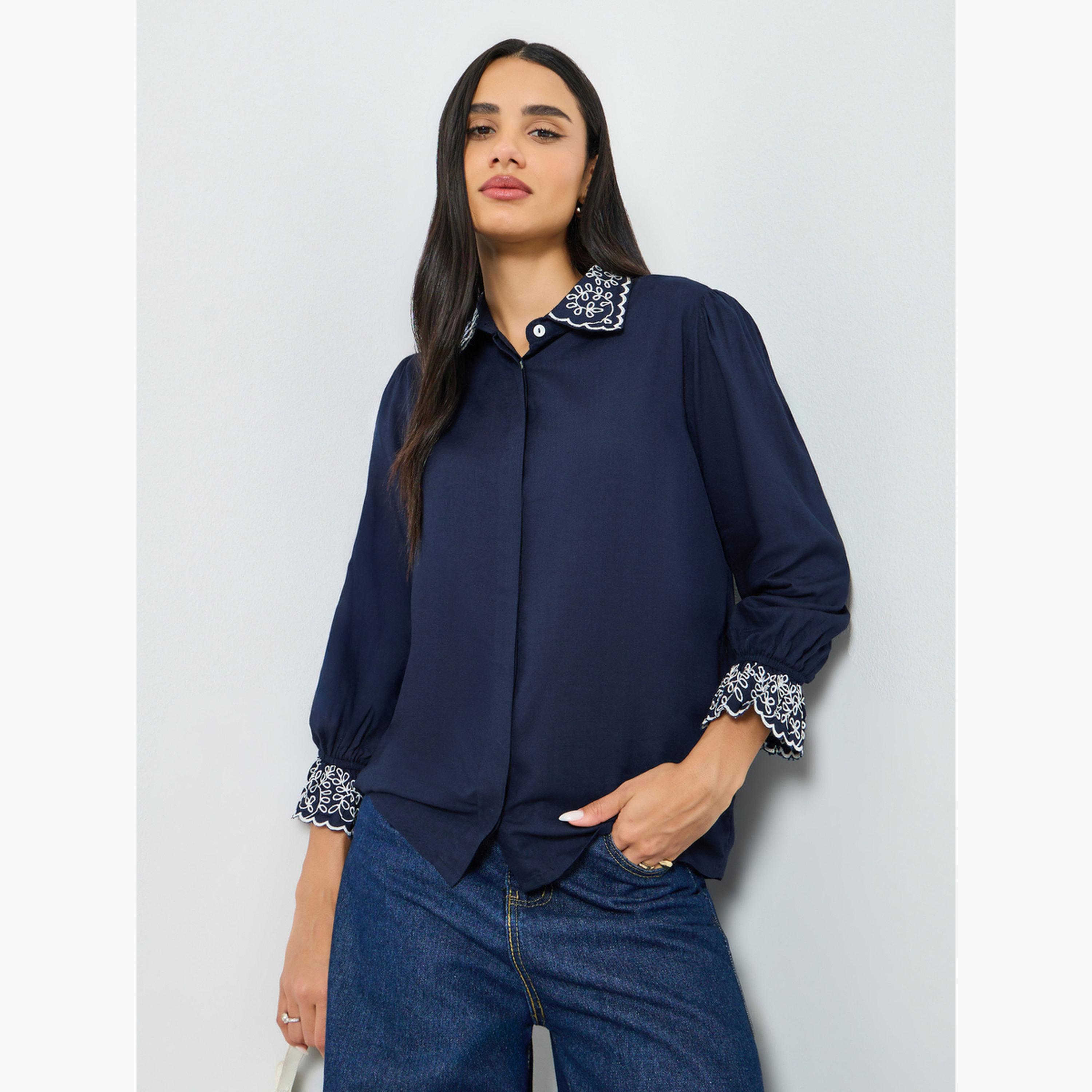 Styli Navy Embroidered Collar Shirt-women-clothing-shirtsandblouses-shirts-image-1