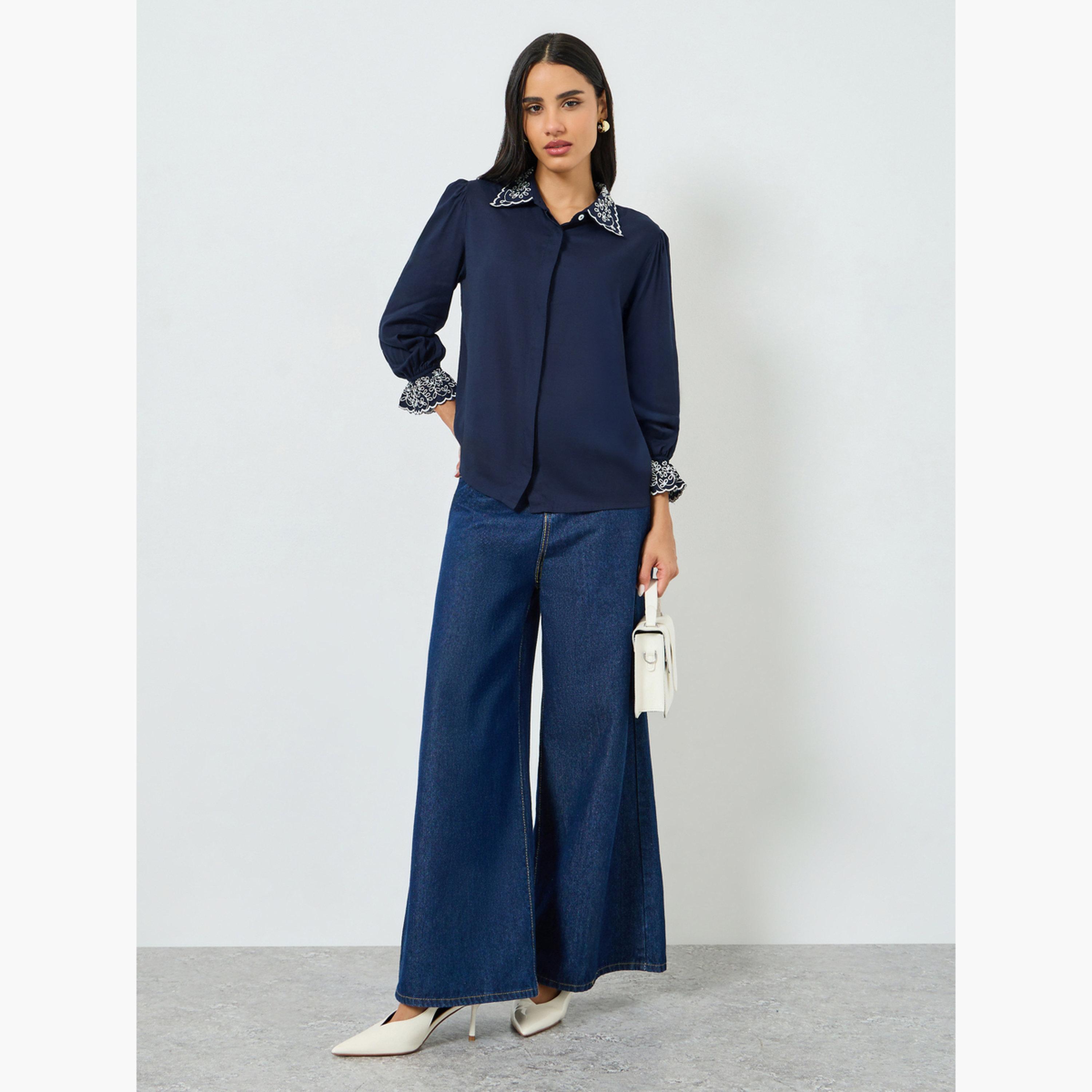 Styli Navy Embroidered Collar Shirt-women-clothing-shirtsandblouses-shirts-image-2