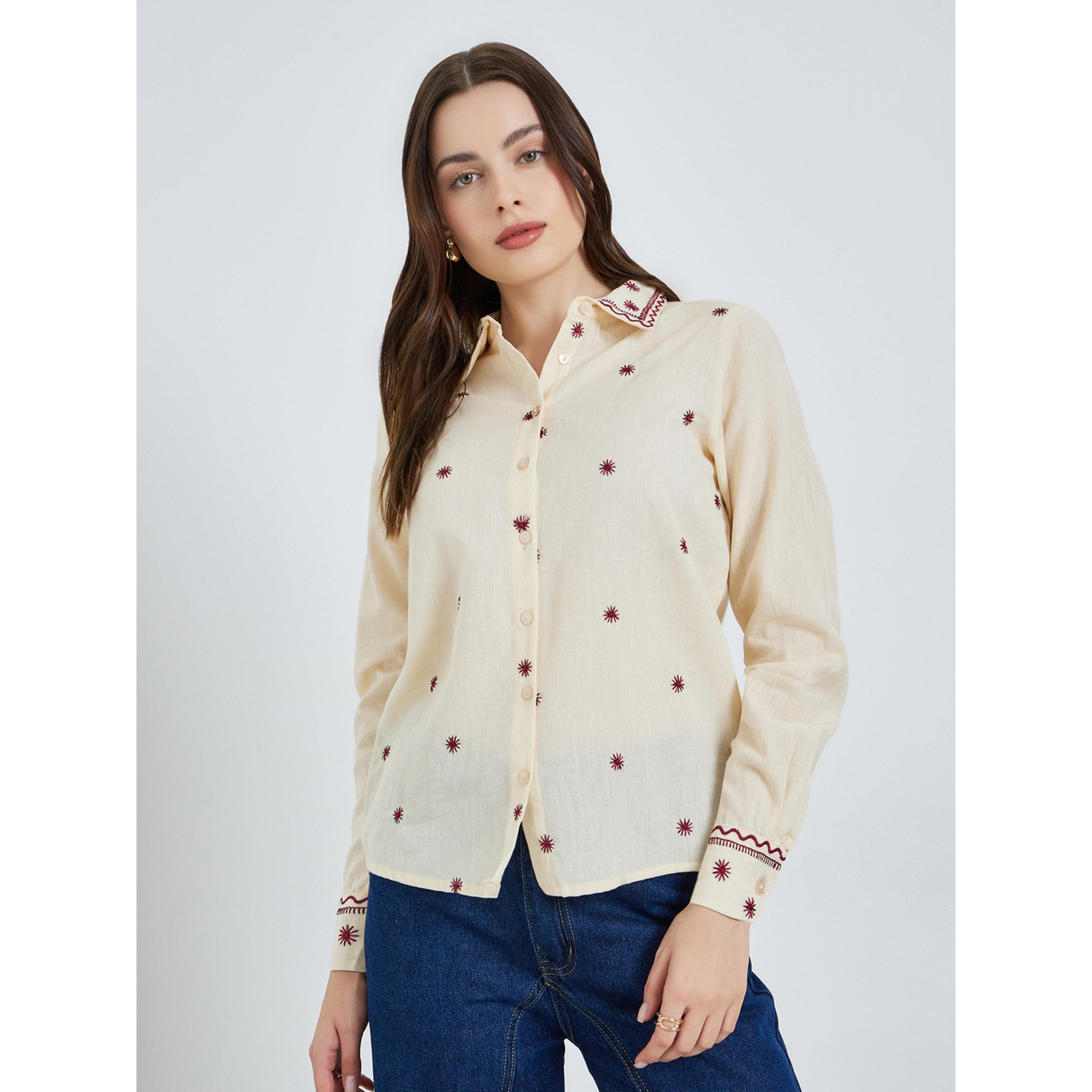 Styli Women Beige Embroidered Long Sleeve Shirt-women-clothing-shirtsandblouses-shirts-image-1