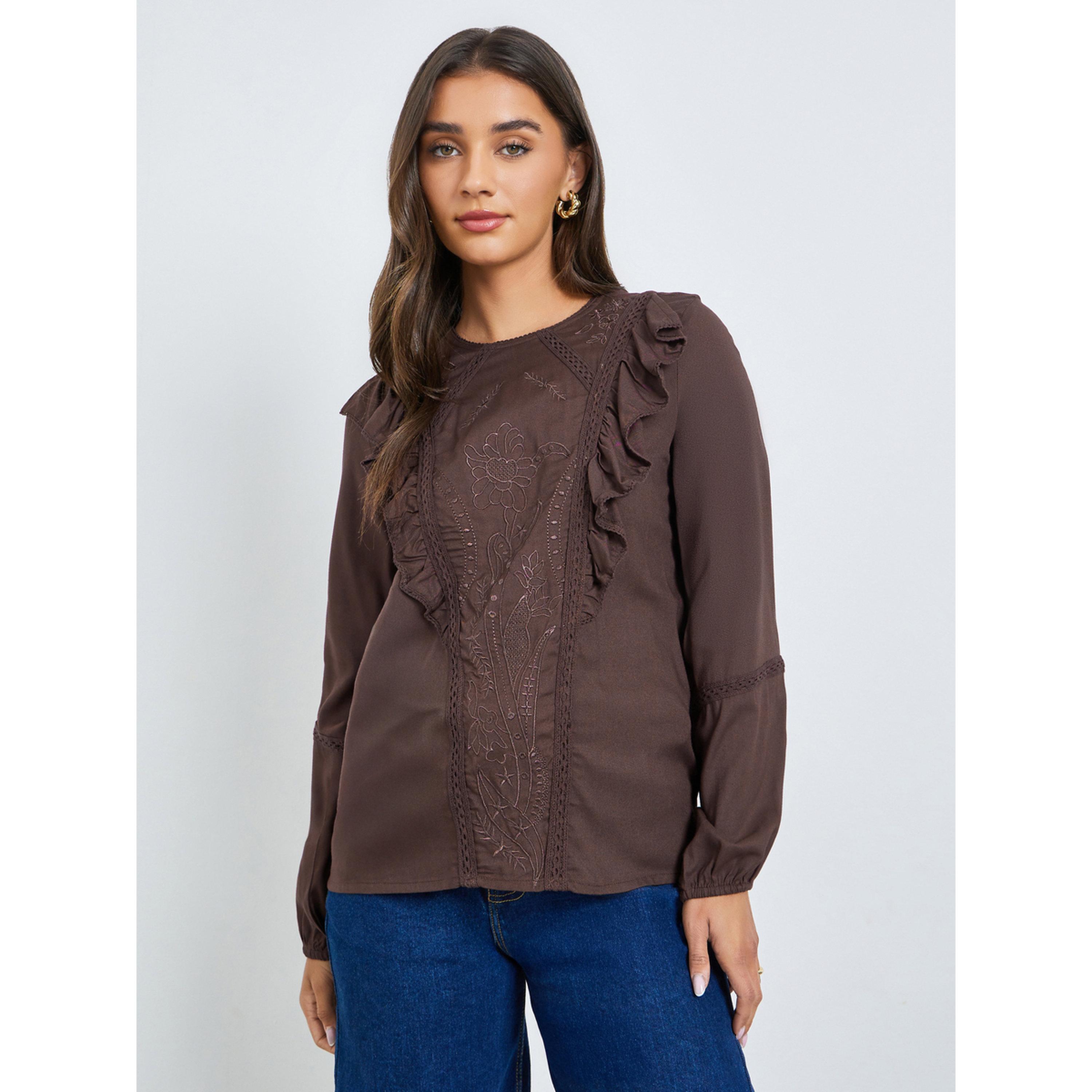 Styli Brown Embroidered Ruffle Blouse-women-clothing-shirtsandblouses-blouses-image-1