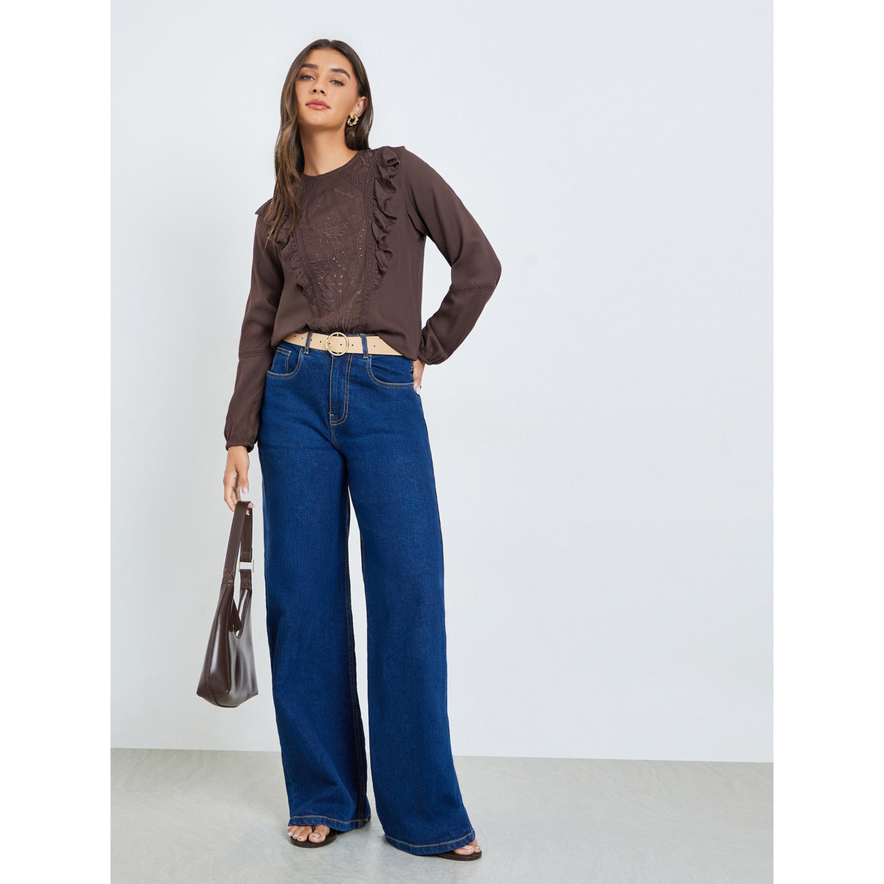 Styli Brown Embroidered Ruffle Blouse-women-clothing-shirtsandblouses-blouses-image-2