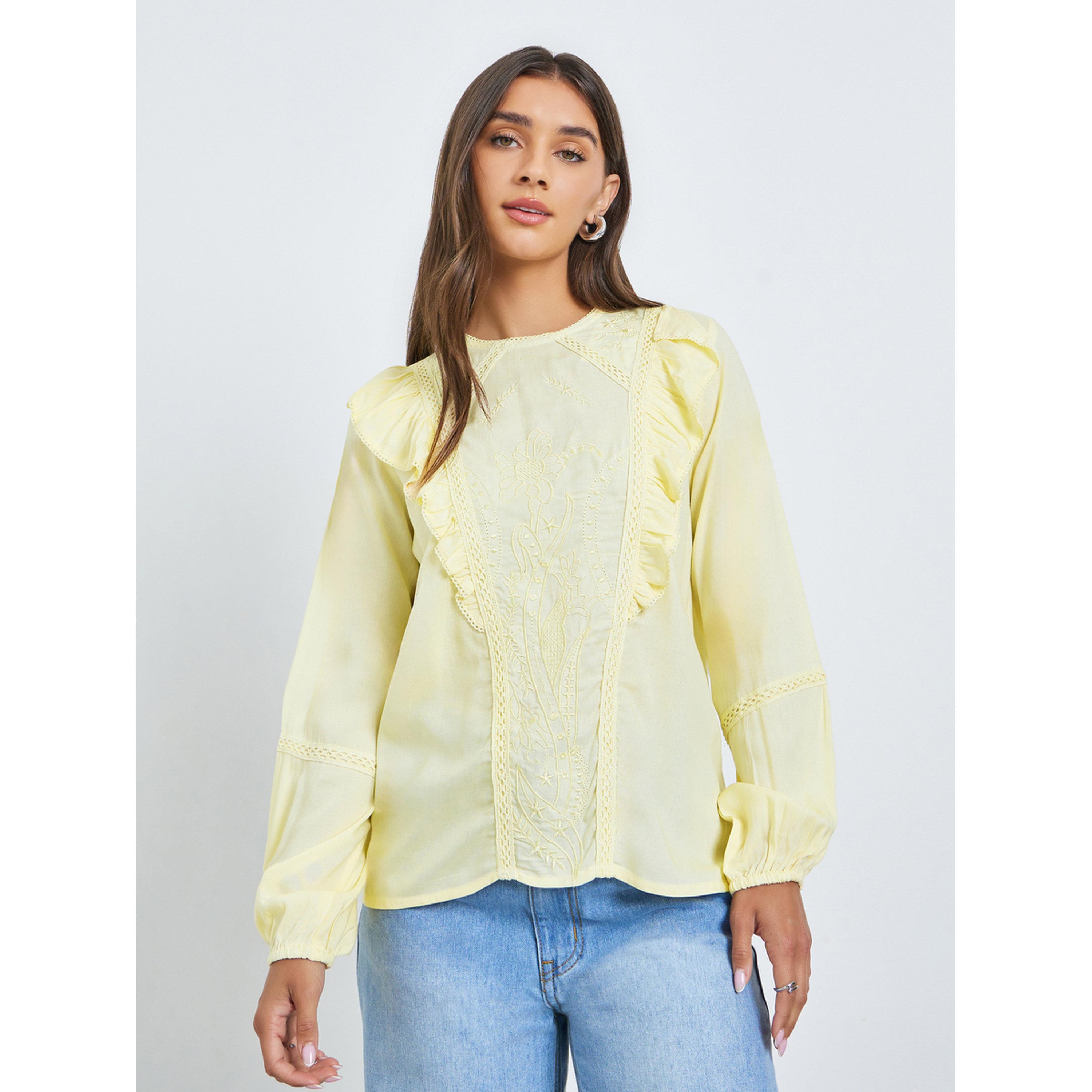 Styli Yellow Embroidered Ruffle Blouse-women-clothing-shirtsandblouses-blouses-image-1