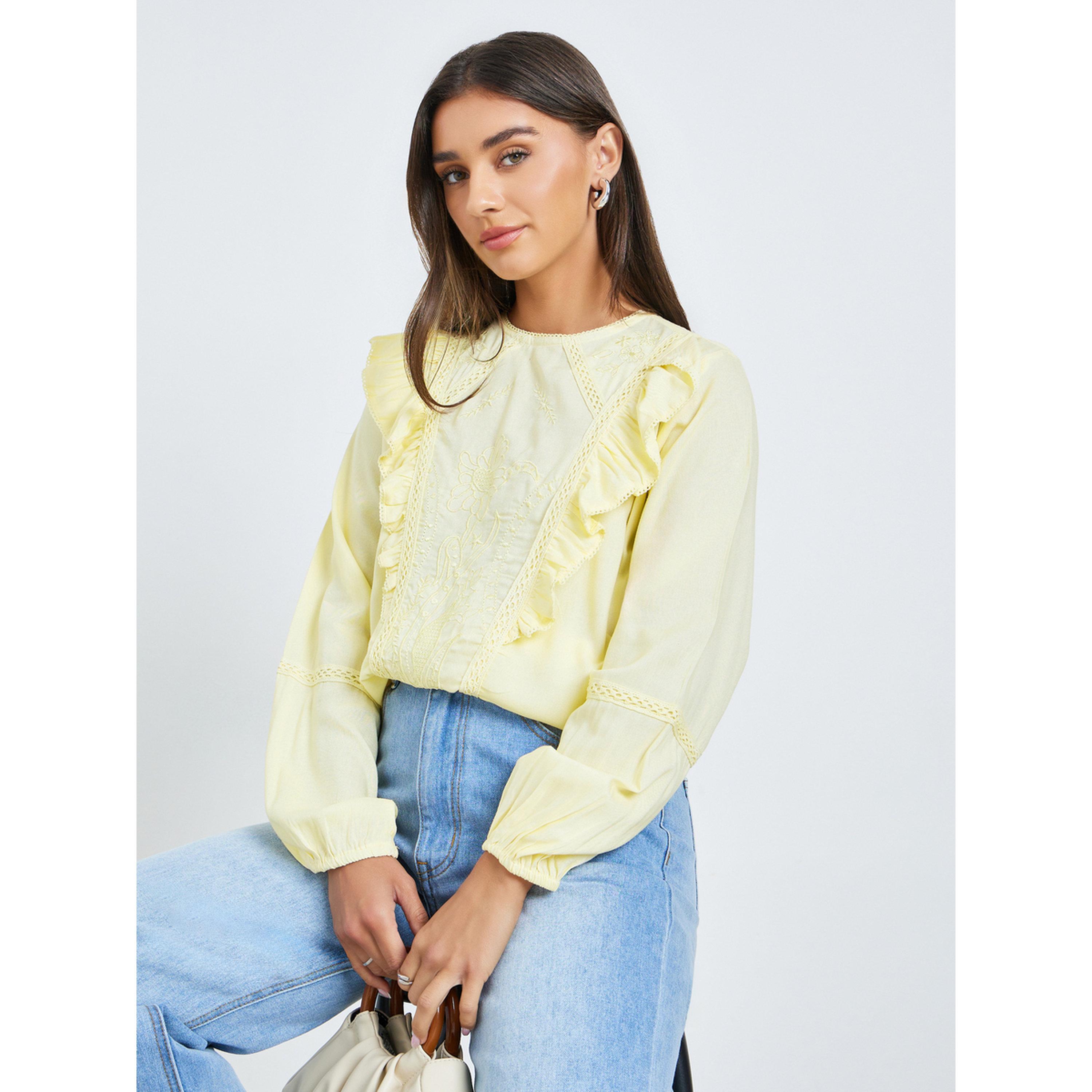 Styli Yellow Embroidered Ruffle Blouse-women-clothing-shirtsandblouses-blouses-image-3