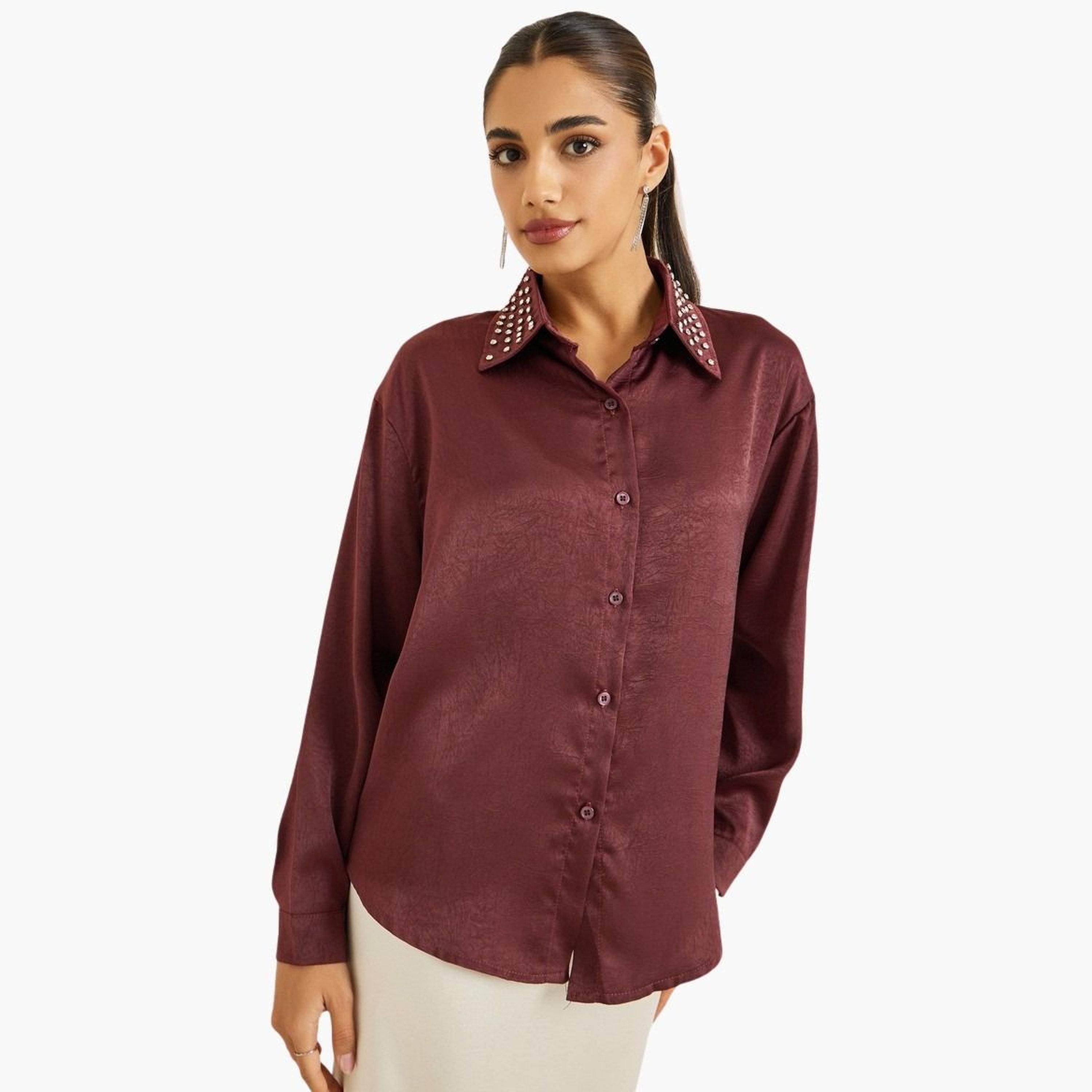 Buy Styli Women Burgundy Satin Embellished Collar Shirt Online |  Centrepoint Qatar