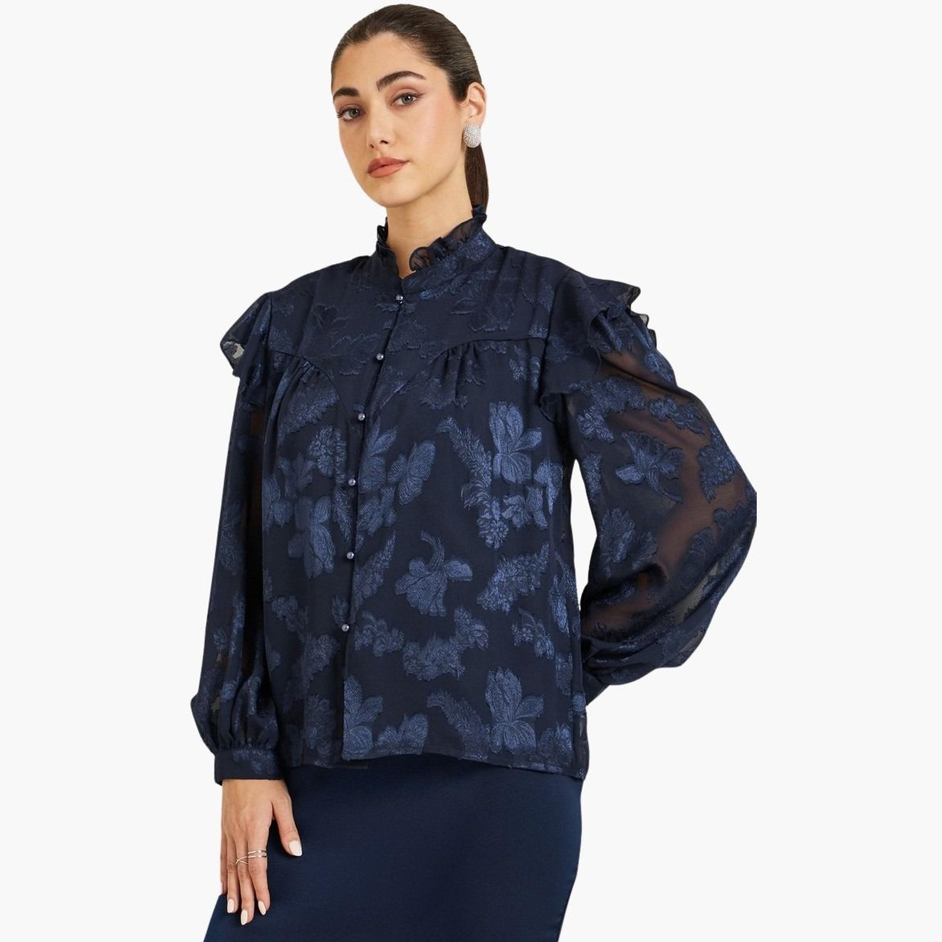 بلوزة جاكار بأكمام منفوخة وتفاصيل كشكش-women-clothing-shirtsandblouses-blouses-image-1