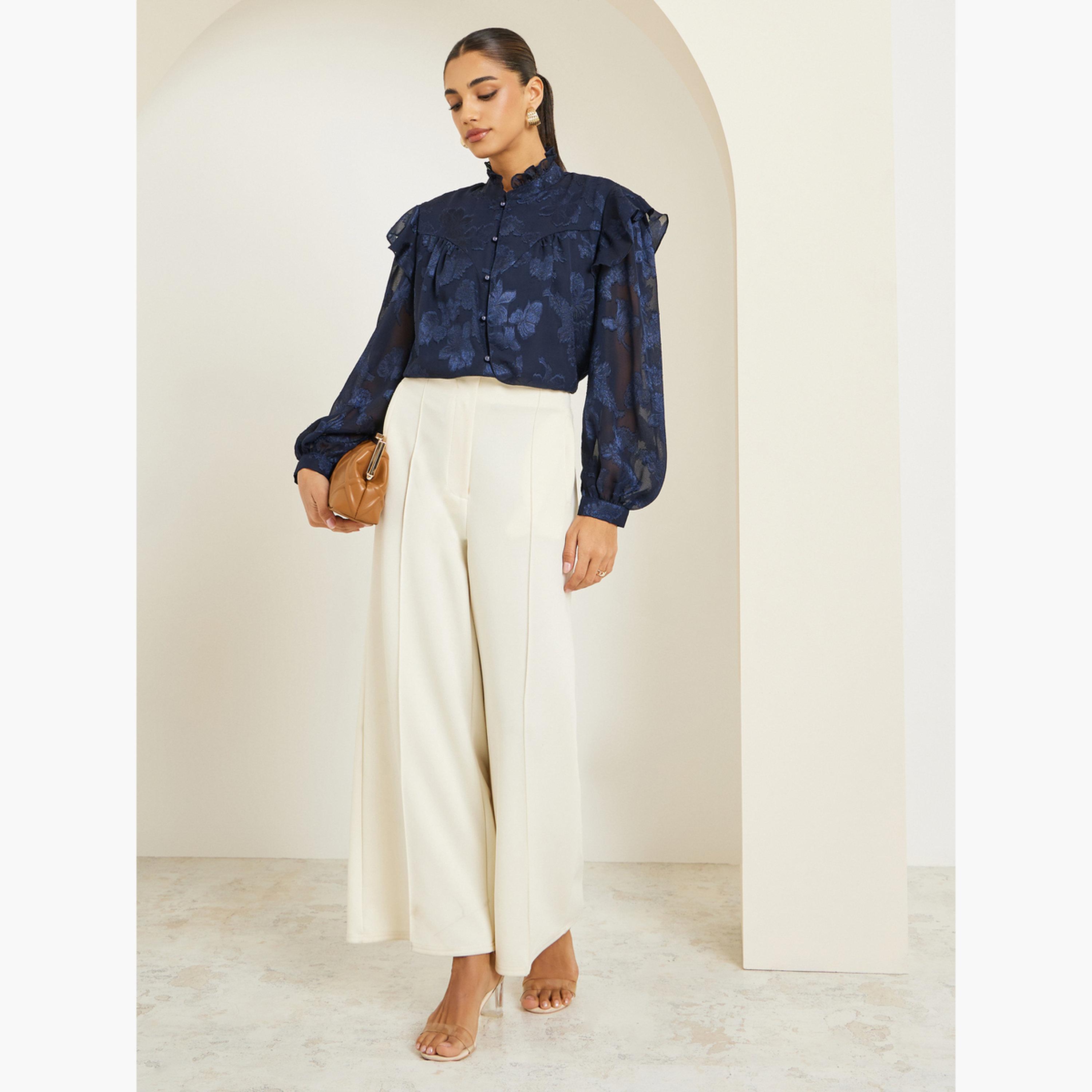 بلوزة جاكار بأكمام منفوخة وتفاصيل كشكش-women-clothing-shirtsandblouses-blouses-image-2