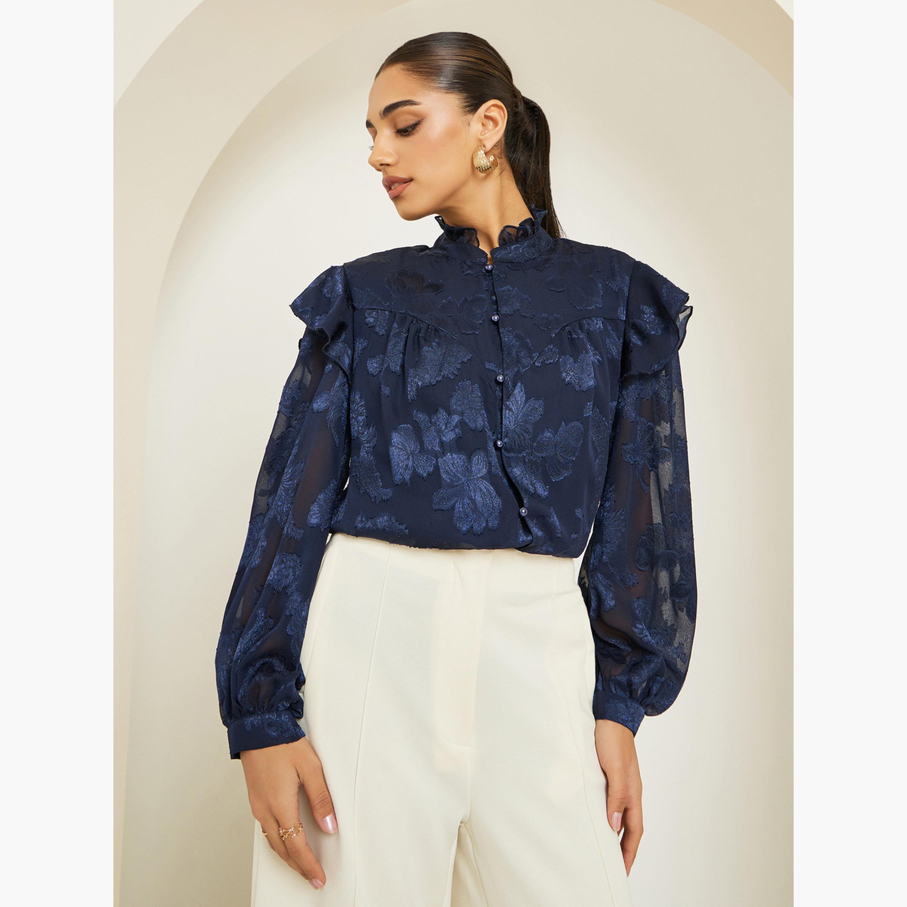 بلوزة جاكار بأكمام منفوخة وتفاصيل كشكش-women-clothing-shirtsandblouses-blouses-image-3