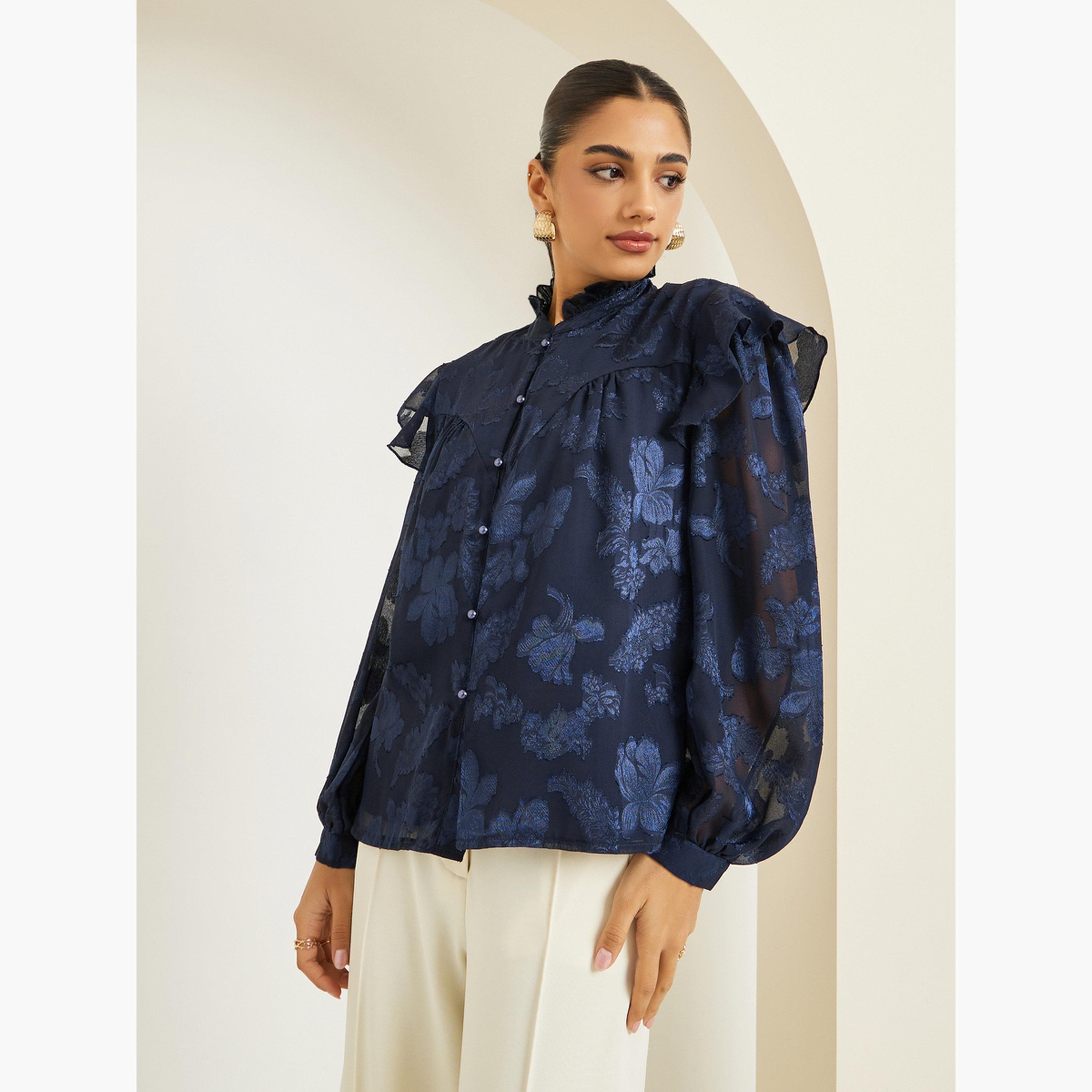 بلوزة جاكار بأكمام منفوخة وتفاصيل كشكش-women-clothing-shirtsandblouses-blouses-image-4