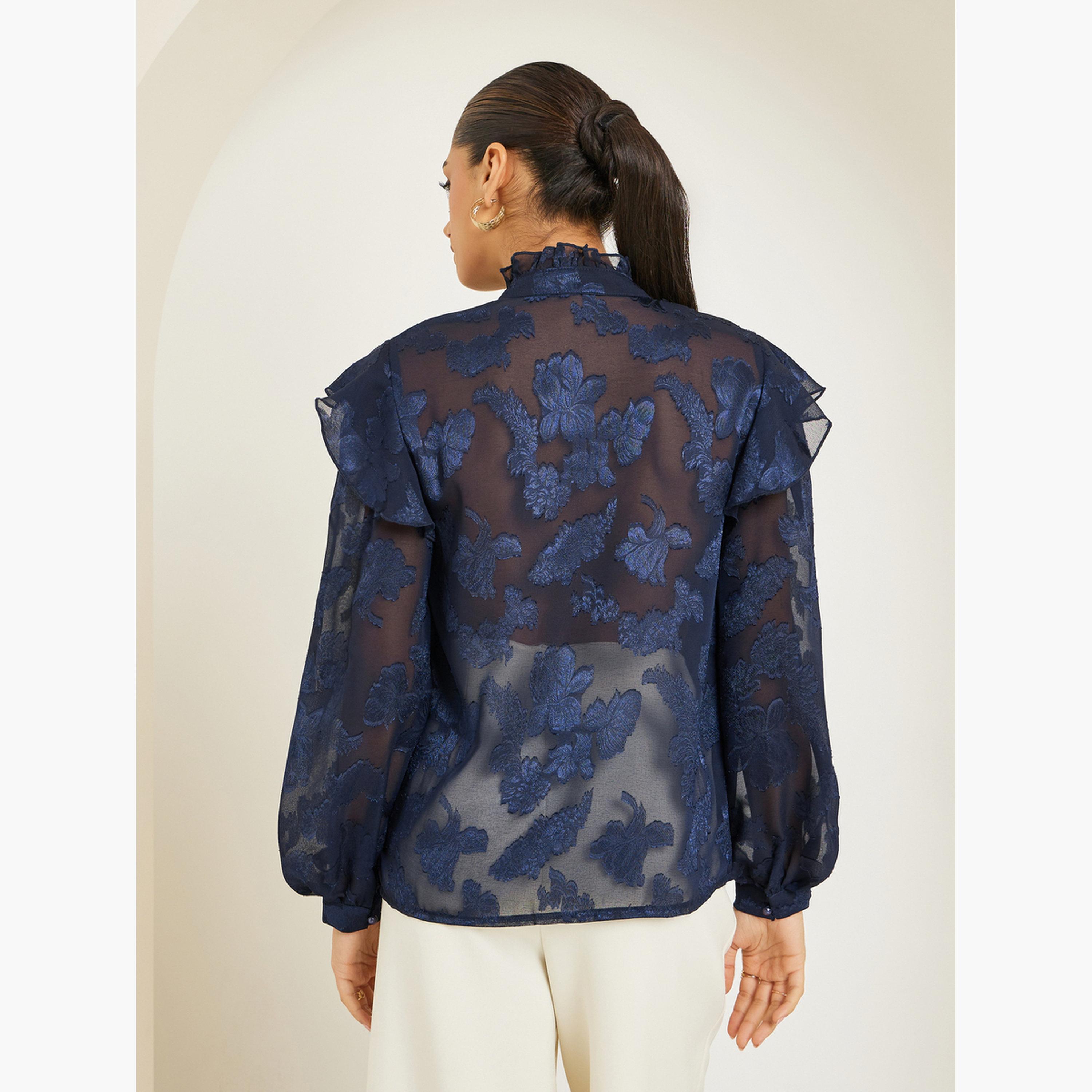 بلوزة جاكار بأكمام منفوخة وتفاصيل كشكش-women-clothing-shirtsandblouses-blouses-image-5