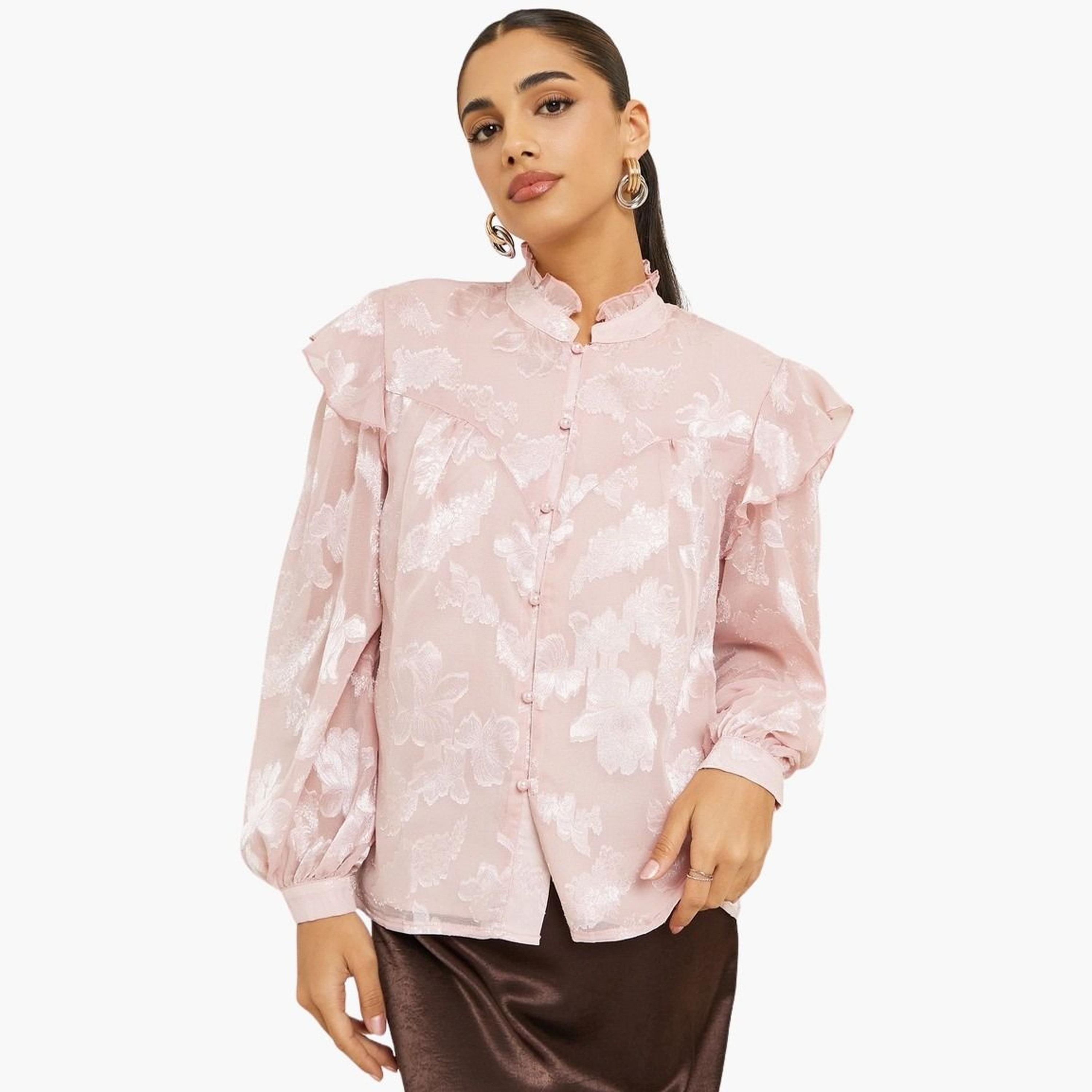 Styli Women Jacquard Balloon Sleeve Blouse with Ruffle Detail-women-clothing-shirtsandblouses-blouses-image-1