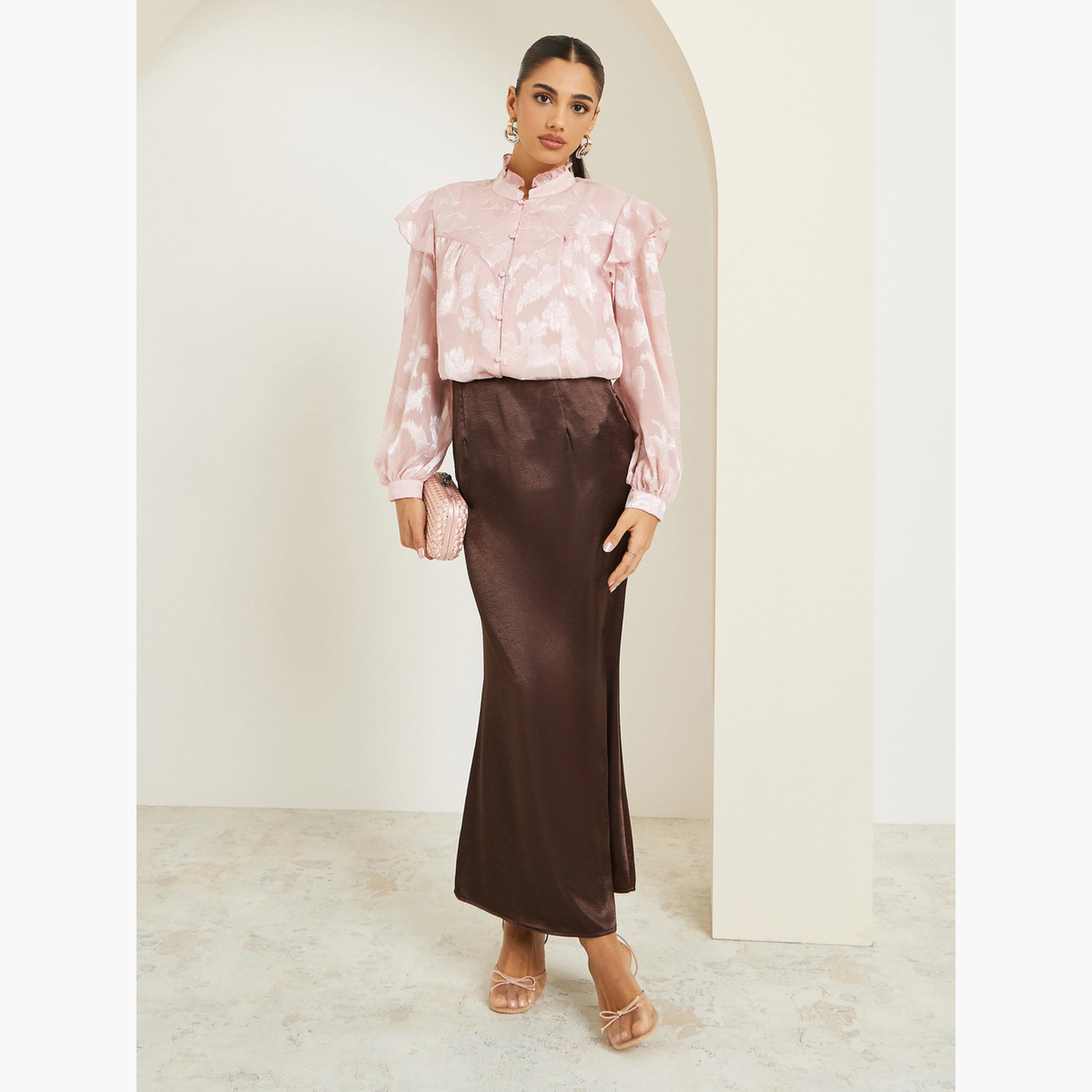بلوزة جاكار بأكمام منفوخة وتفاصيل كشكش-women-clothing-shirtsandblouses-blouses-image-2