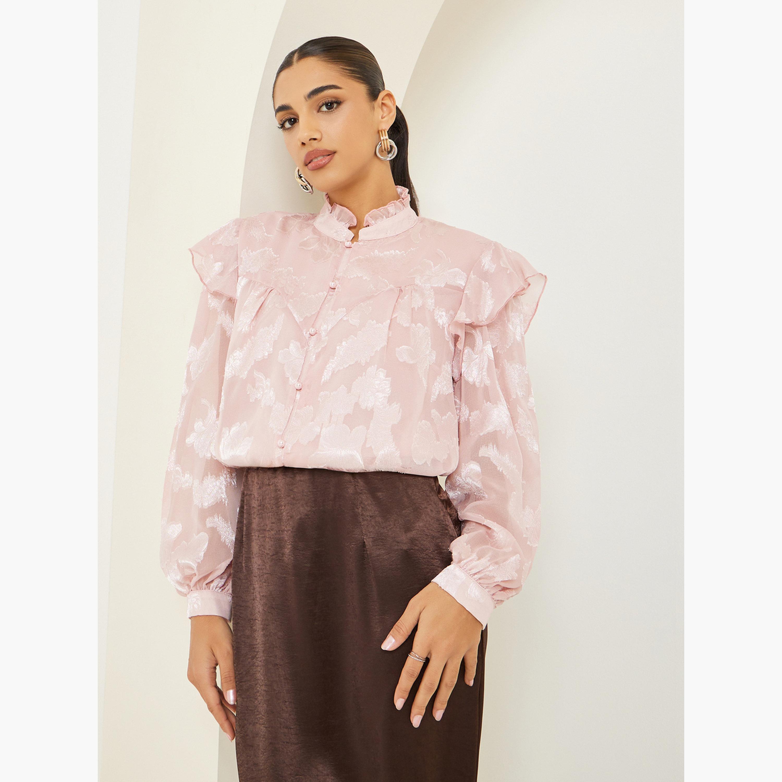 بلوزة جاكار بأكمام منفوخة وتفاصيل كشكش-women-clothing-shirtsandblouses-blouses-image-3