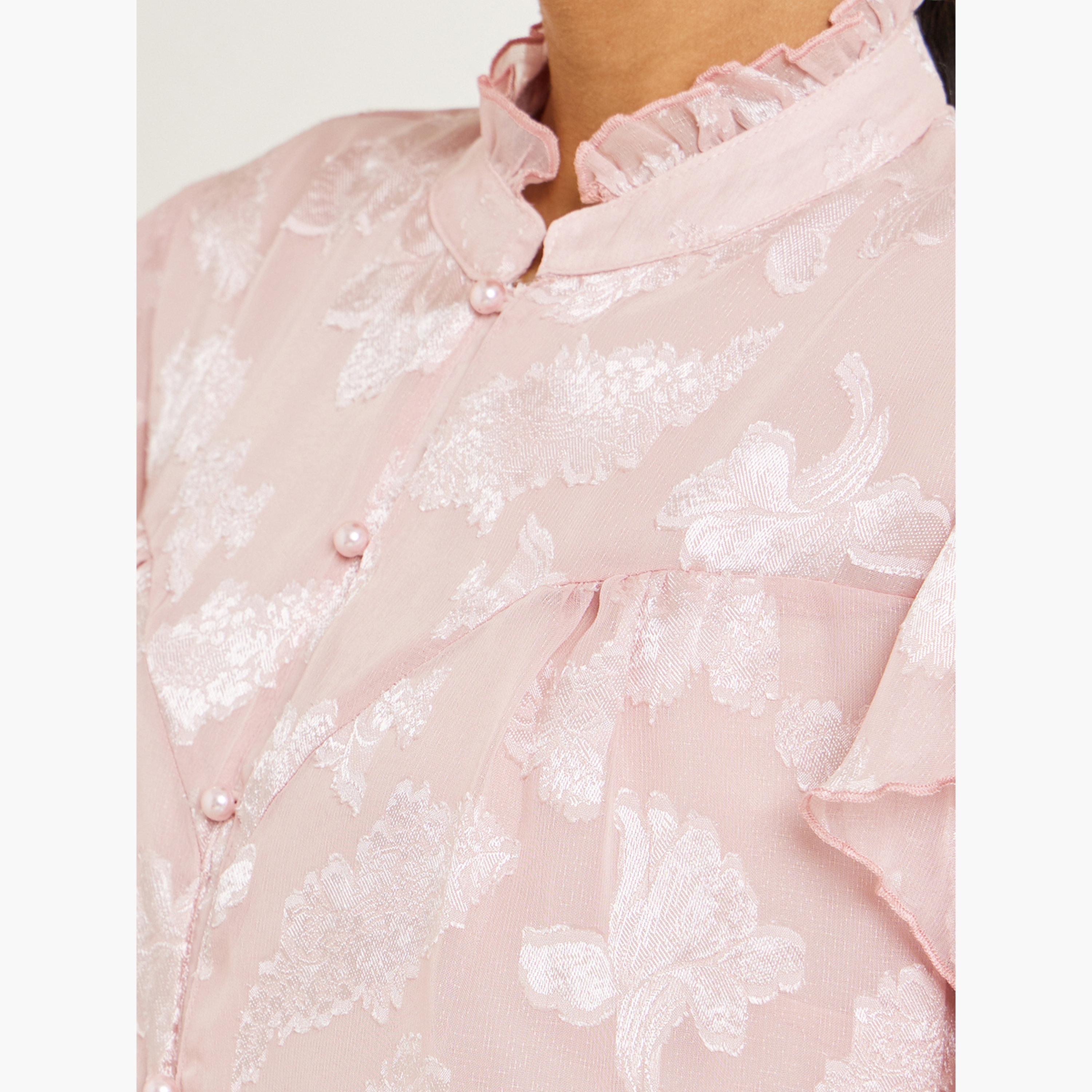 بلوزة جاكار بأكمام منفوخة وتفاصيل كشكش-women-clothing-shirtsandblouses-blouses-image-4