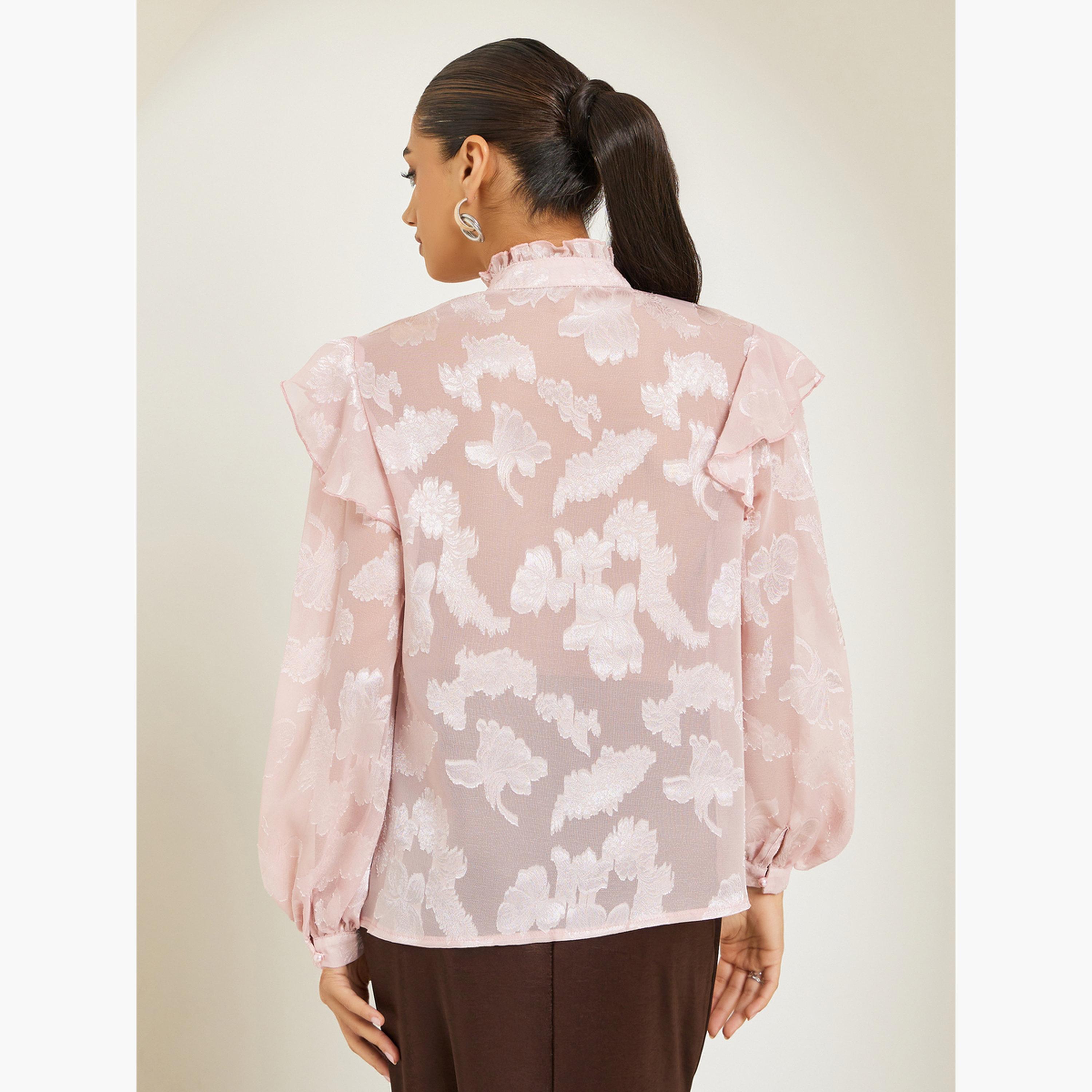 بلوزة جاكار بأكمام منفوخة وتفاصيل كشكش-women-clothing-shirtsandblouses-blouses-image-5