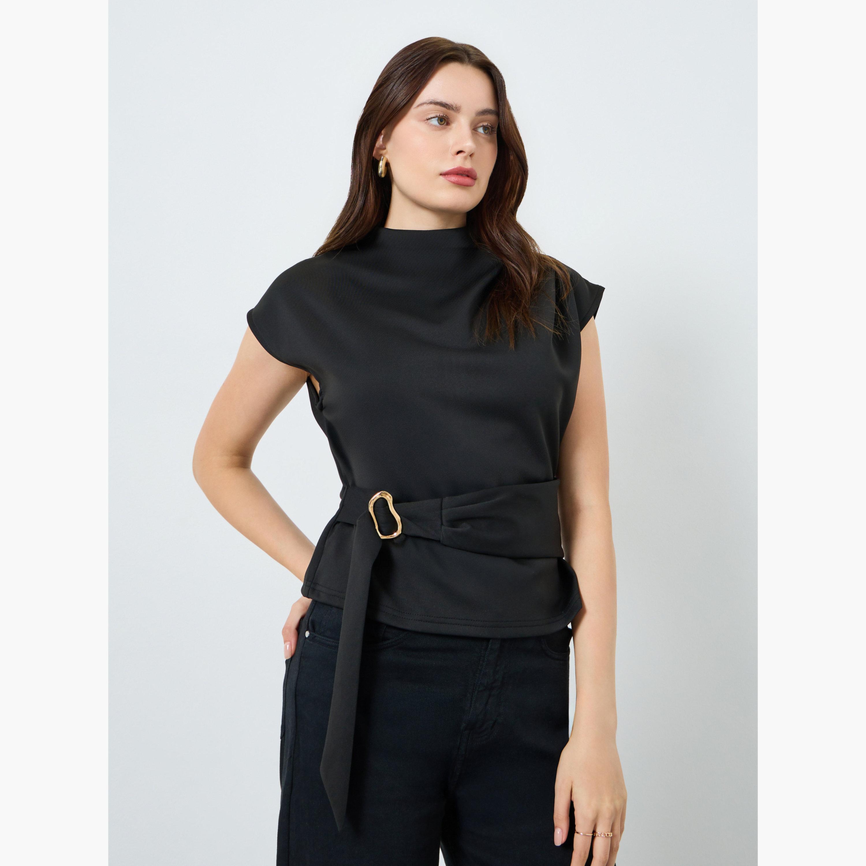 Styli Women Black Mock Neck Blouse with Belt-women-clothing-shirtsandblouses-blouses-image-1
