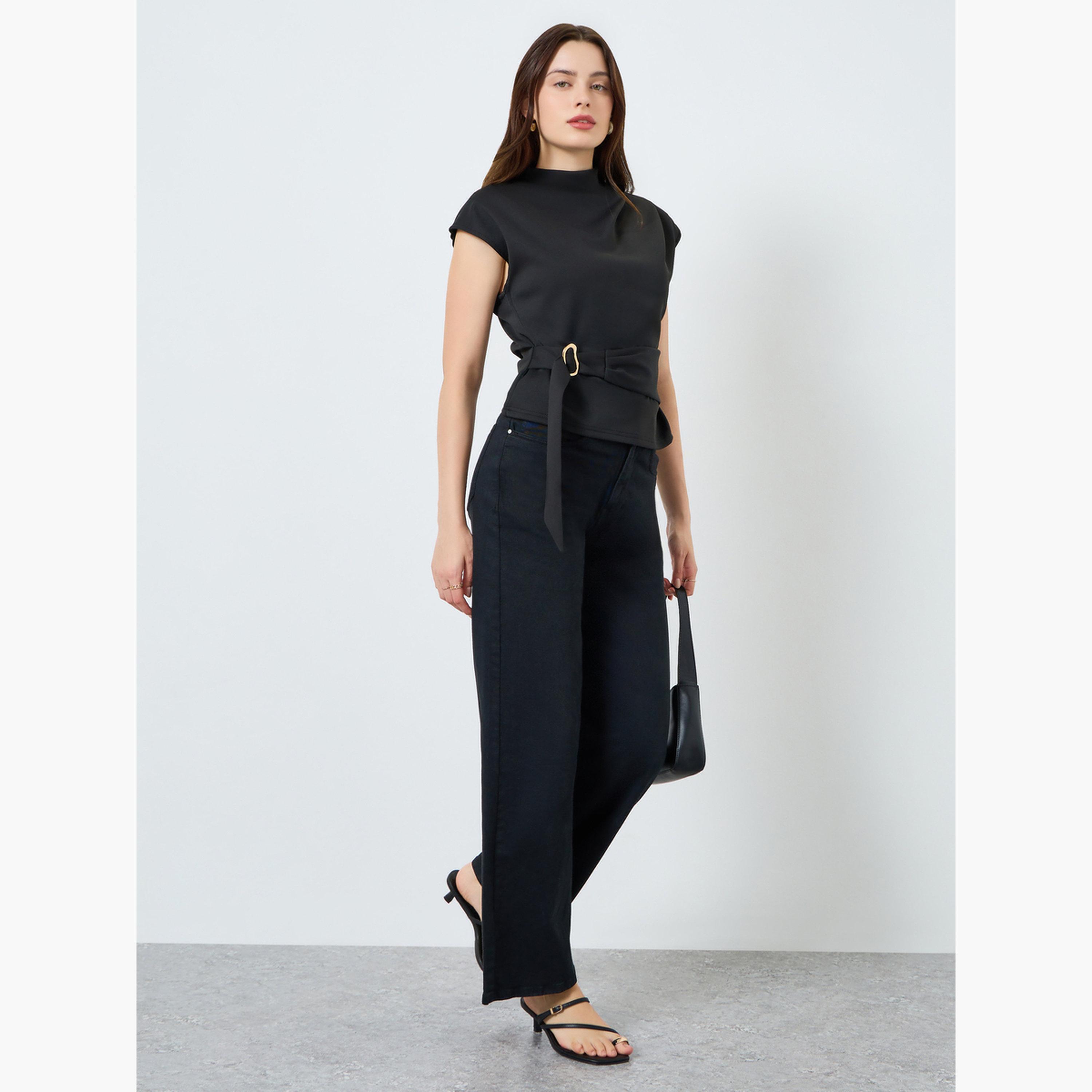Styli Women Black Mock Neck Blouse with Belt-women-clothing-shirtsandblouses-blouses-image-2
