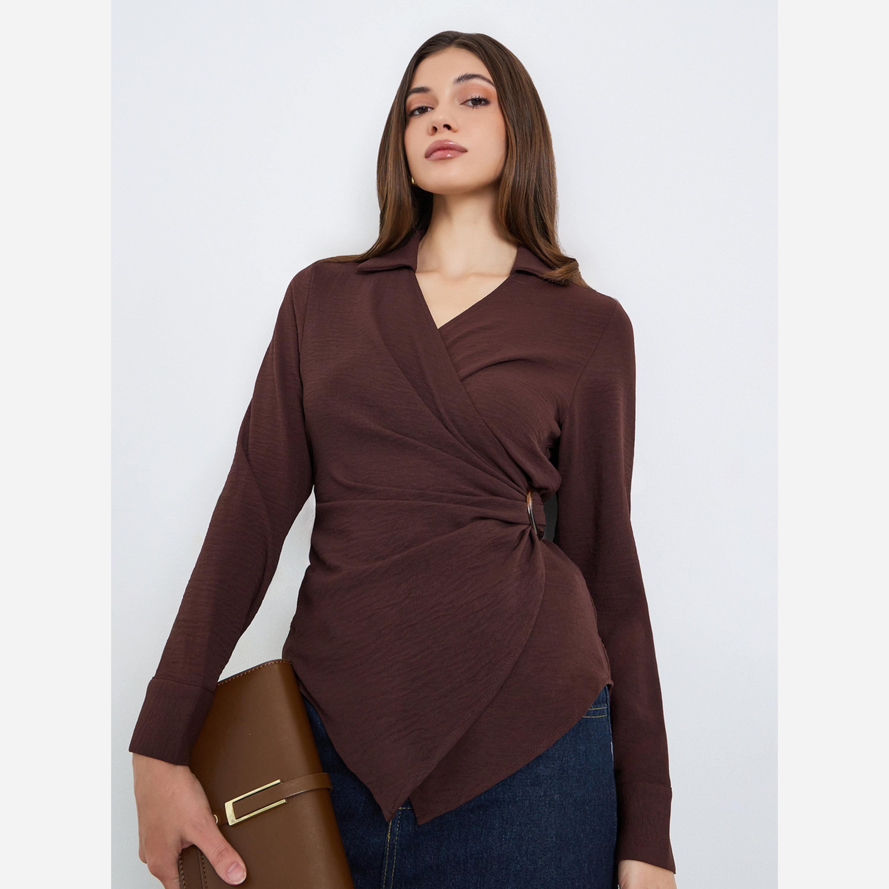 ستايلي - بلوزة للنساء ملفوفة لون برغندي أكمام طويلة-women-clothing-shirtsandblouses-blouses-image-1