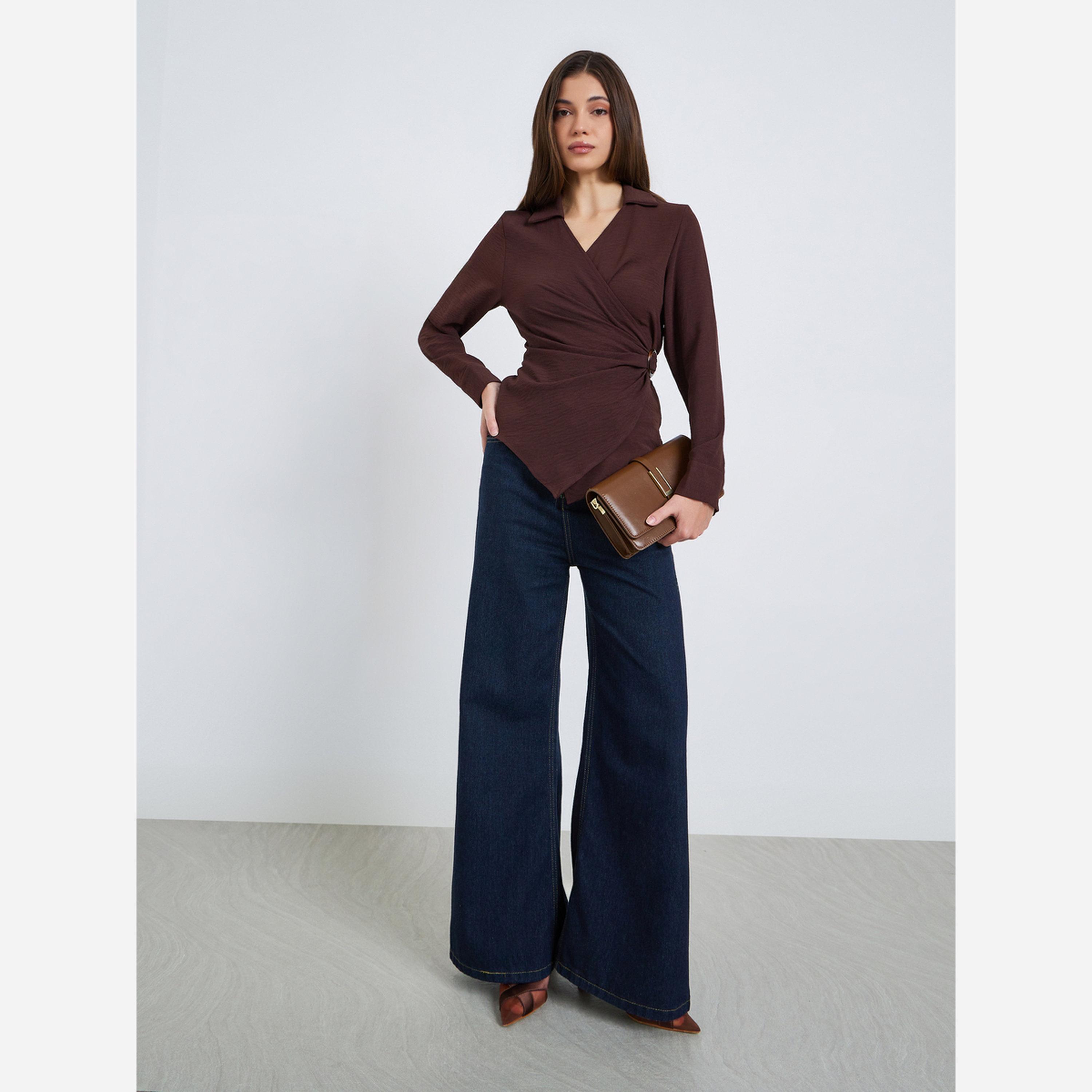 Styli Women Burgundy Wrap Top with Long Sleeves-women-clothing-shirtsandblouses-blouses-image-2