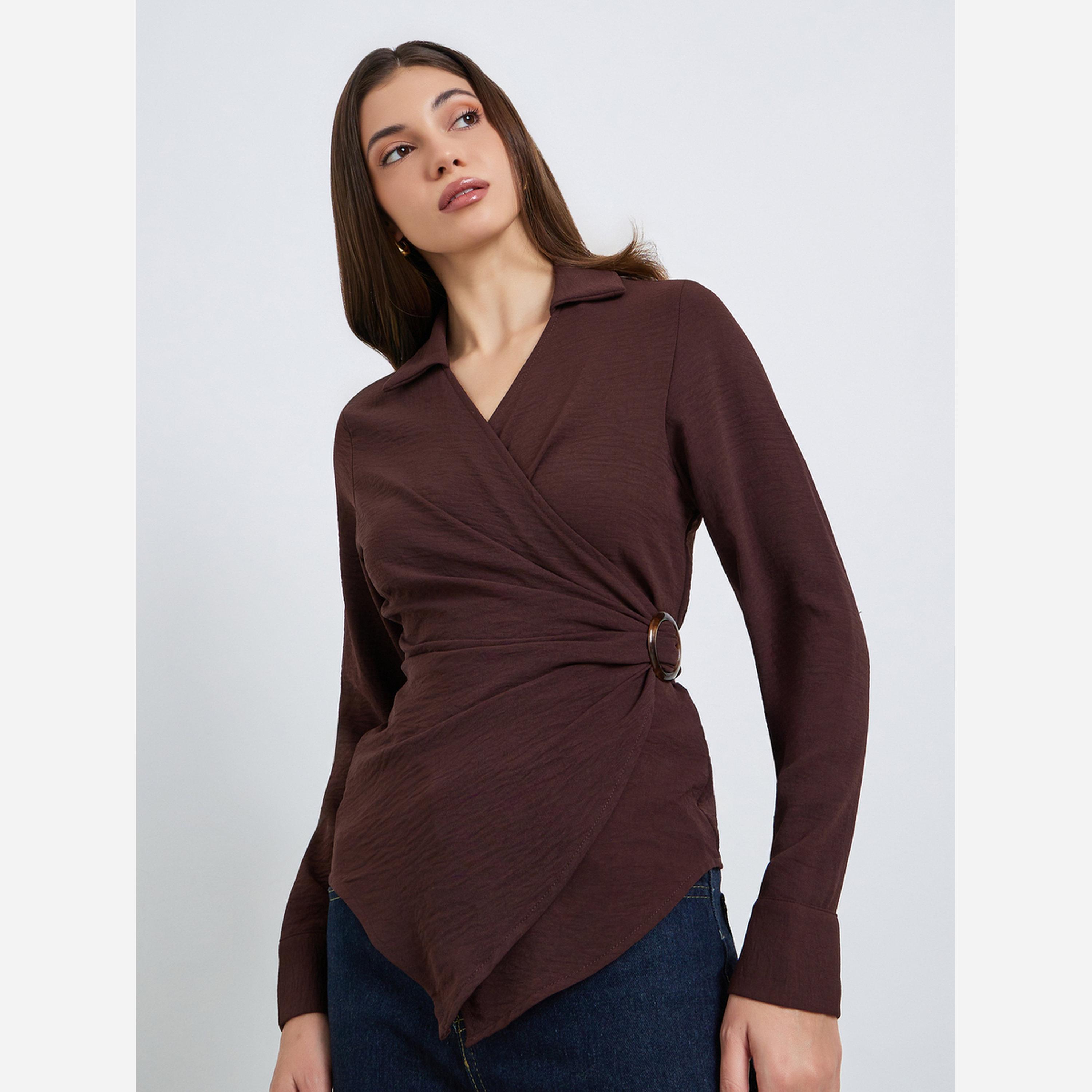 Styli Women Burgundy Wrap Top with Long Sleeves-women-clothing-shirtsandblouses-blouses-image-3