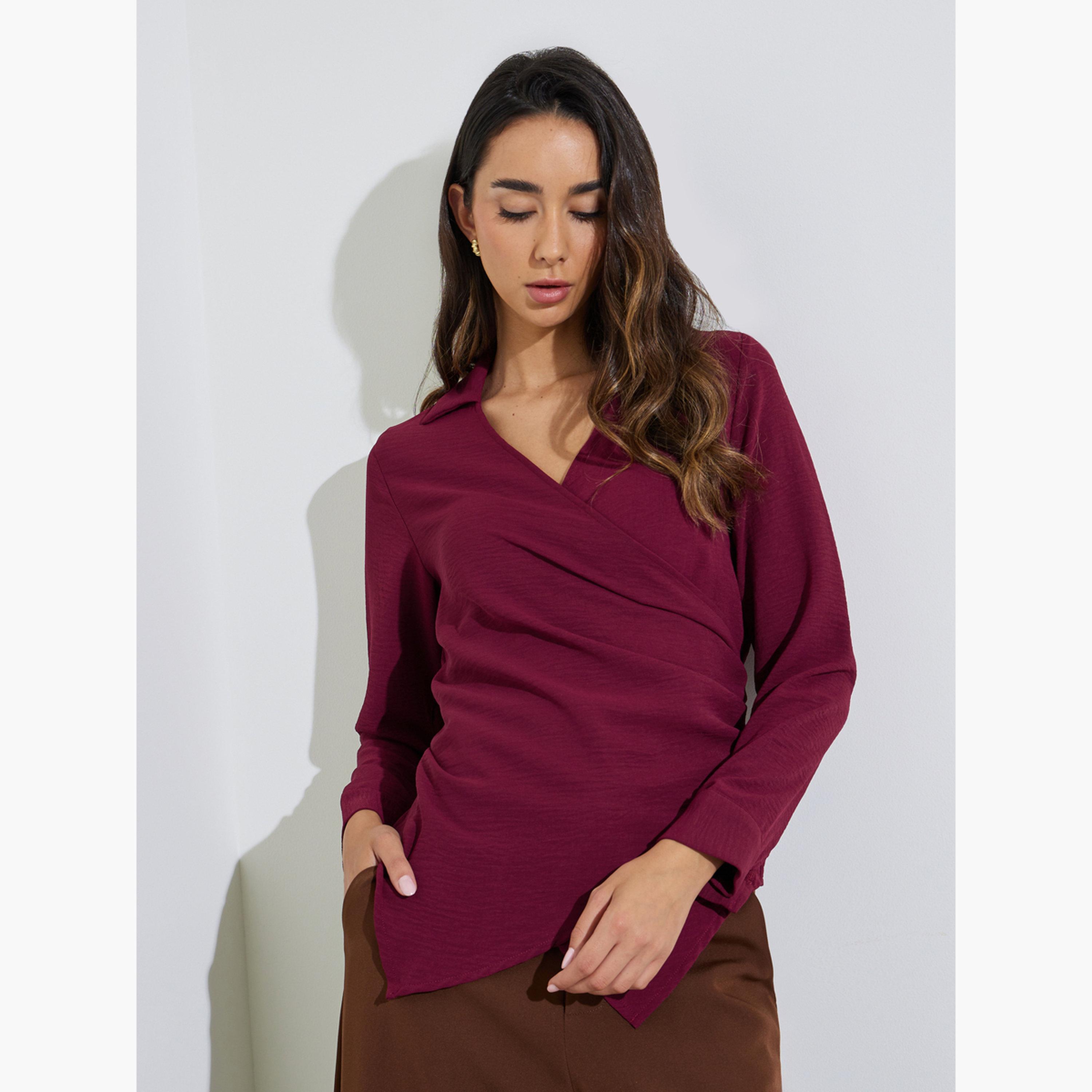 Styli Maroon Drape Wrap Top with Buckle Detail-women-clothing-shirtsandblouses-blouses-image-1