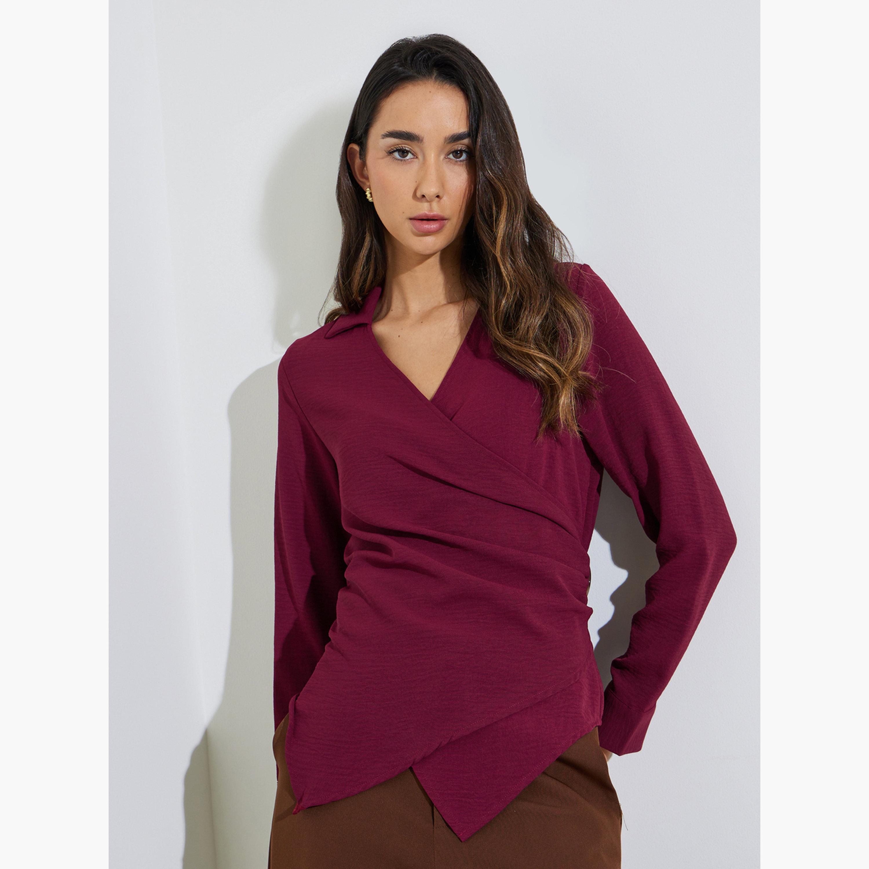 Styli Maroon Drape Wrap Top with Buckle Detail-women-clothing-shirtsandblouses-blouses-image-3