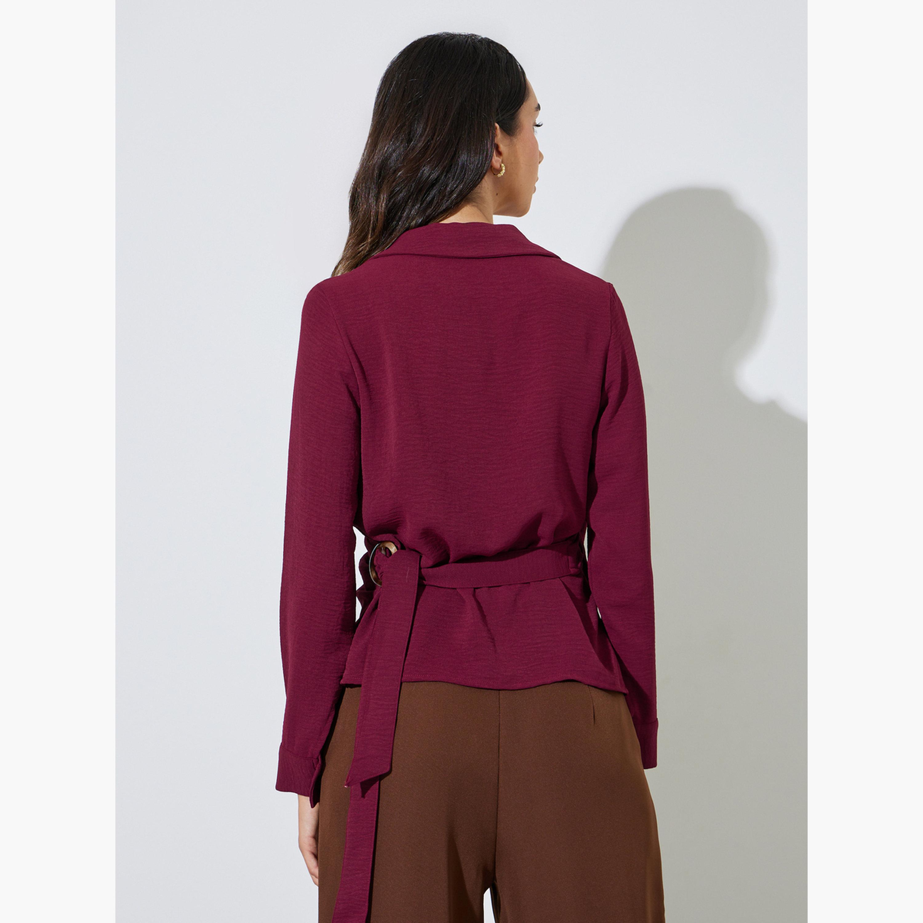 Styli Maroon Drape Wrap Top with Buckle Detail-women-clothing-shirtsandblouses-blouses-image-4