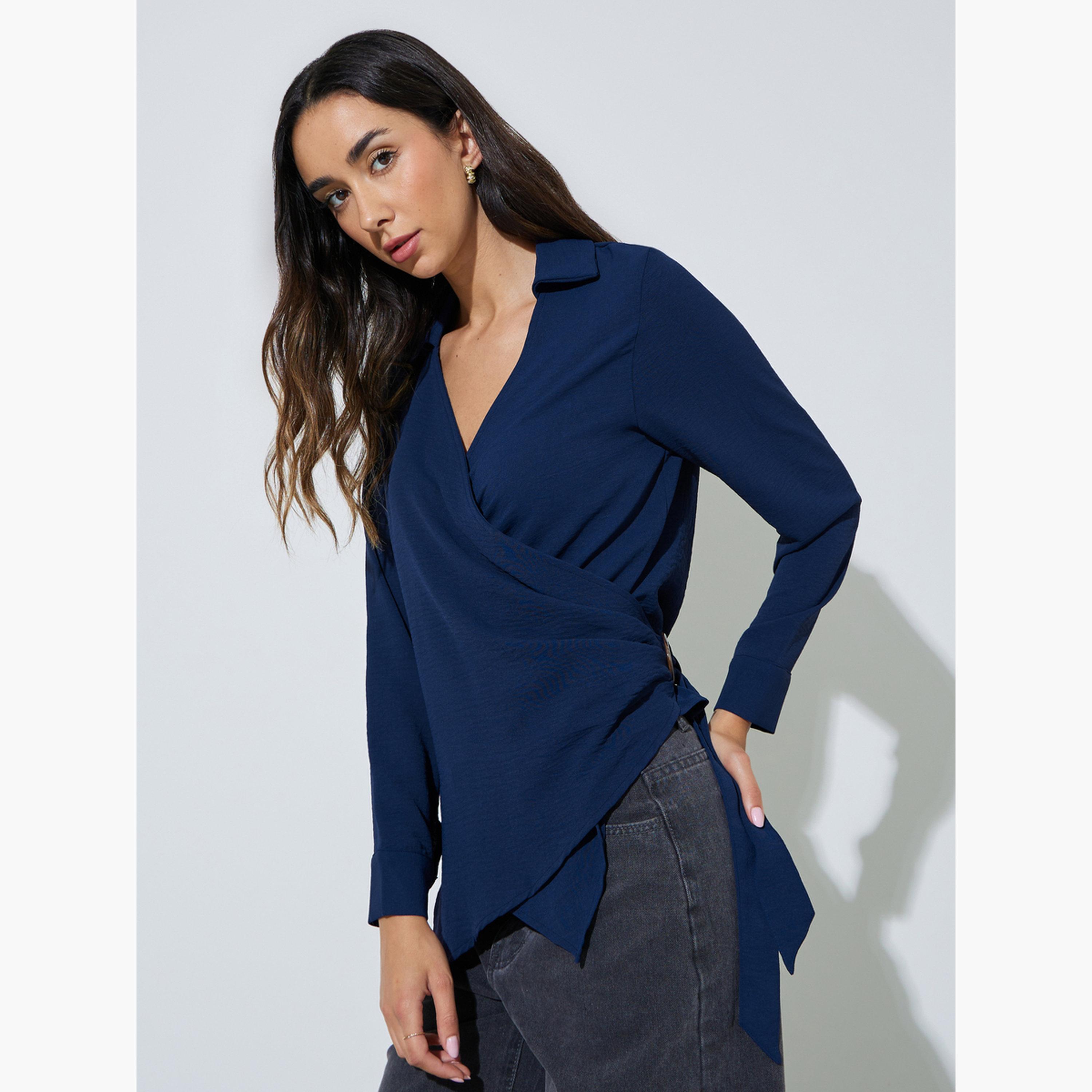 بلوزة بنمط لف وثنيات وتفاصيل إبزيم-women-clothing-shirtsandblouses-blouses-image-3