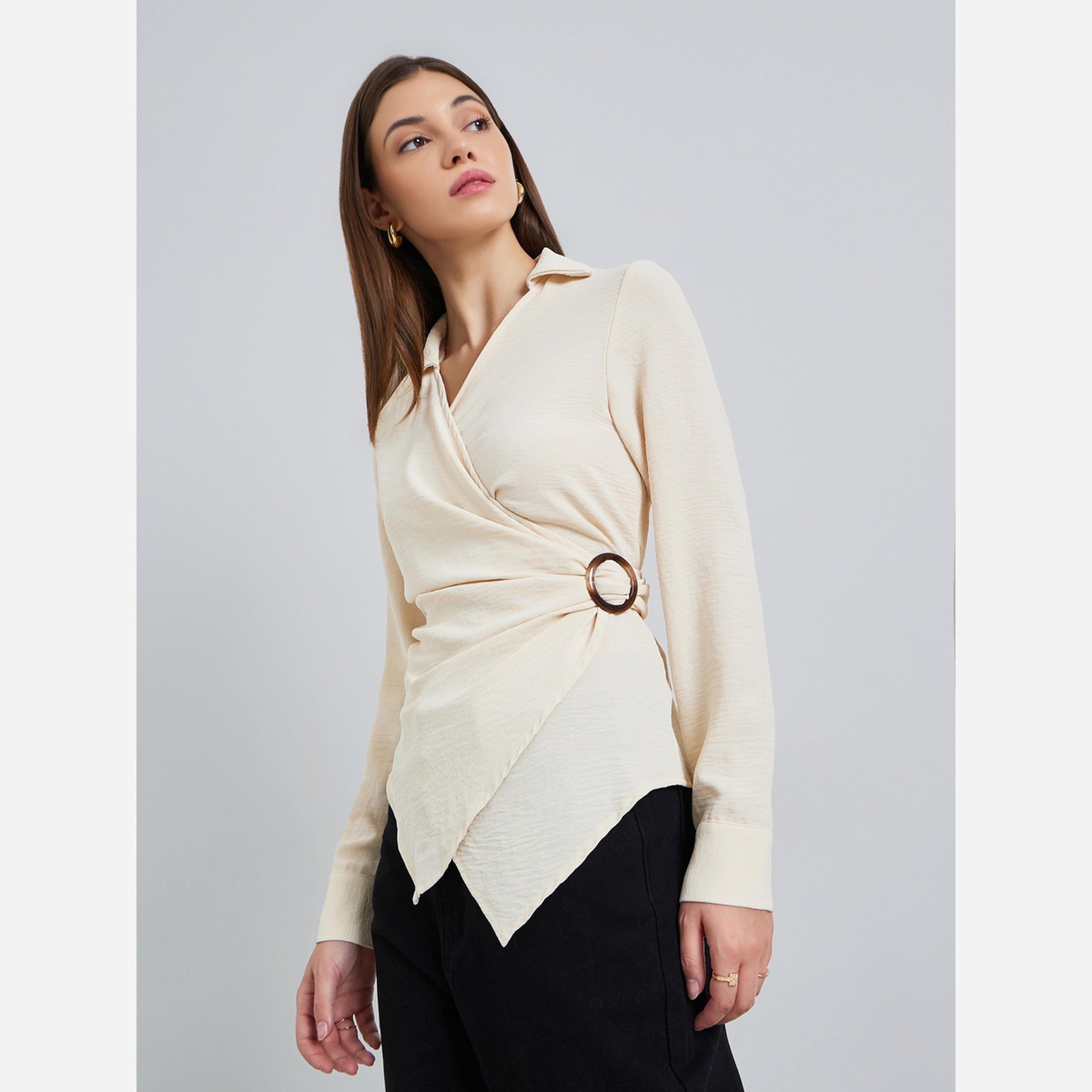 Styli Women Cream Long Sleeves Wrap Top-women-clothing-shirtsandblouses-blouses-image-1
