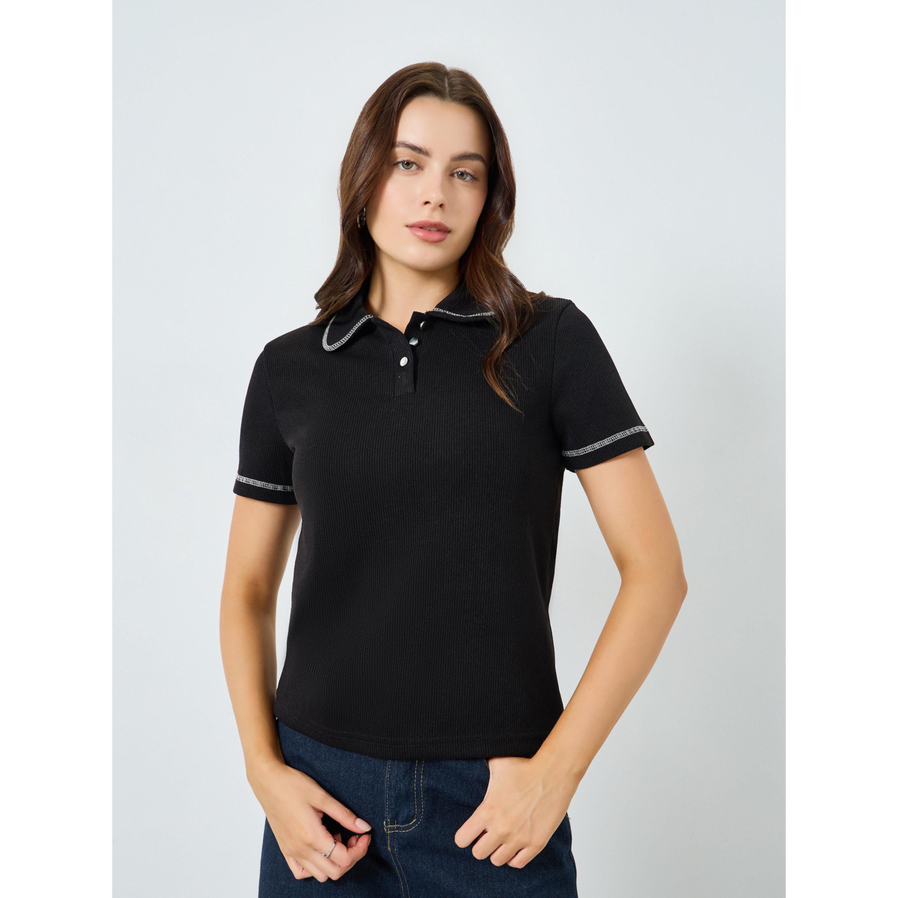 Styli Women Black Ribbed Knit Polo T-Shirt with Button Detail-women-clothing-tshirts-image-1
