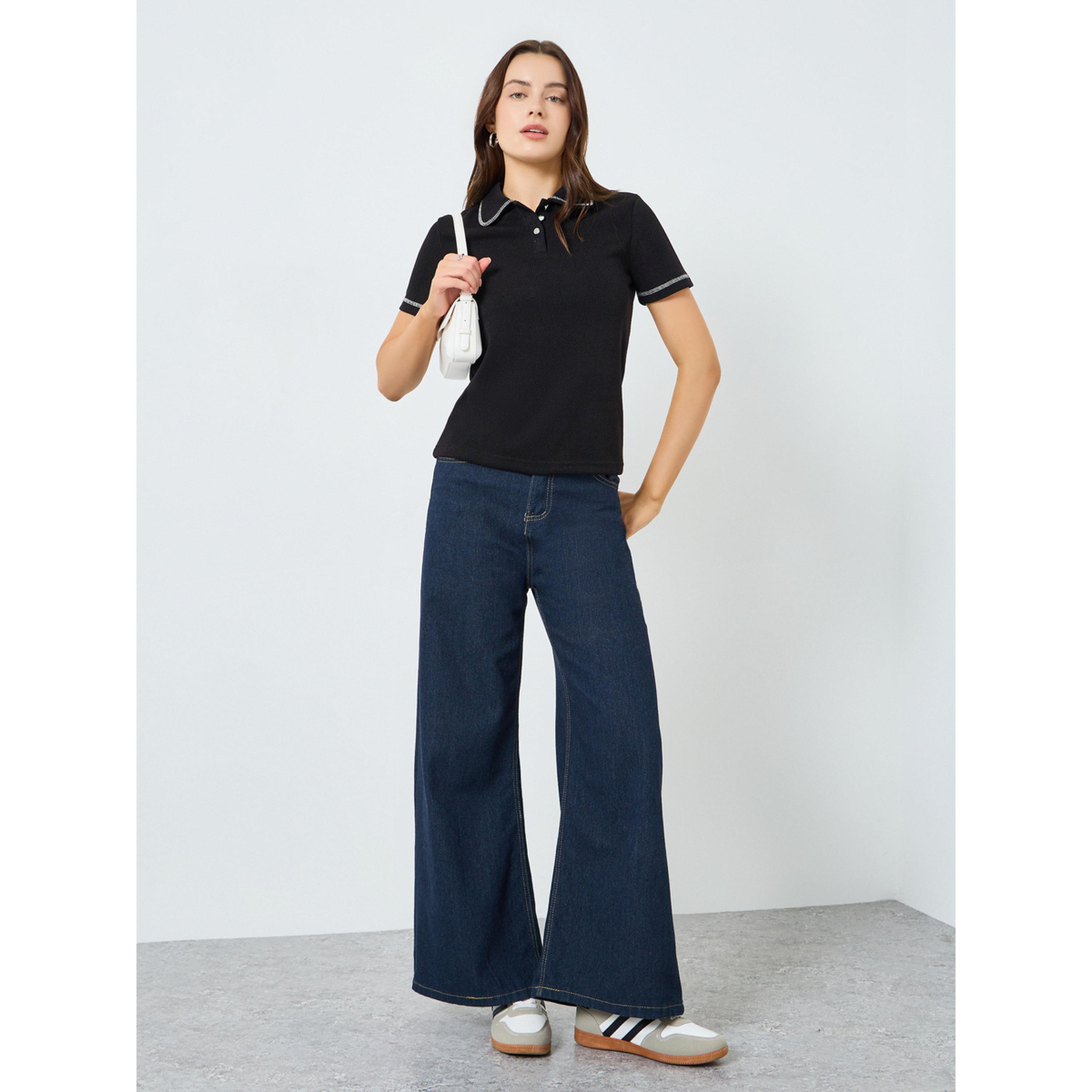 Styli Women Black Ribbed Knit Polo T-Shirt with Button Detail-women-clothing-tshirts-image-2