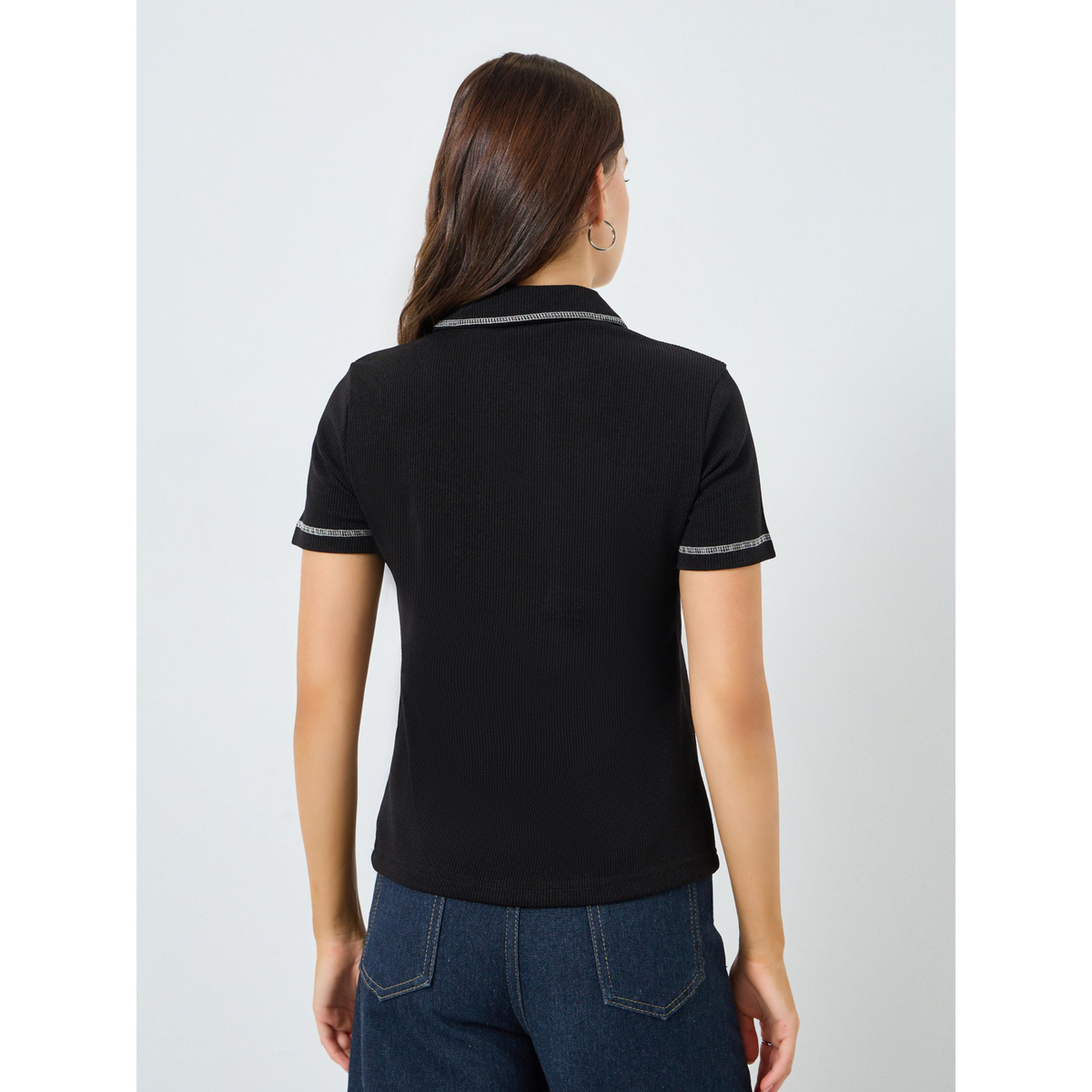 تيشيرت بولو محبوك ومضلع بتفاصيل أزرار-women-clothing-tshirts-image-3